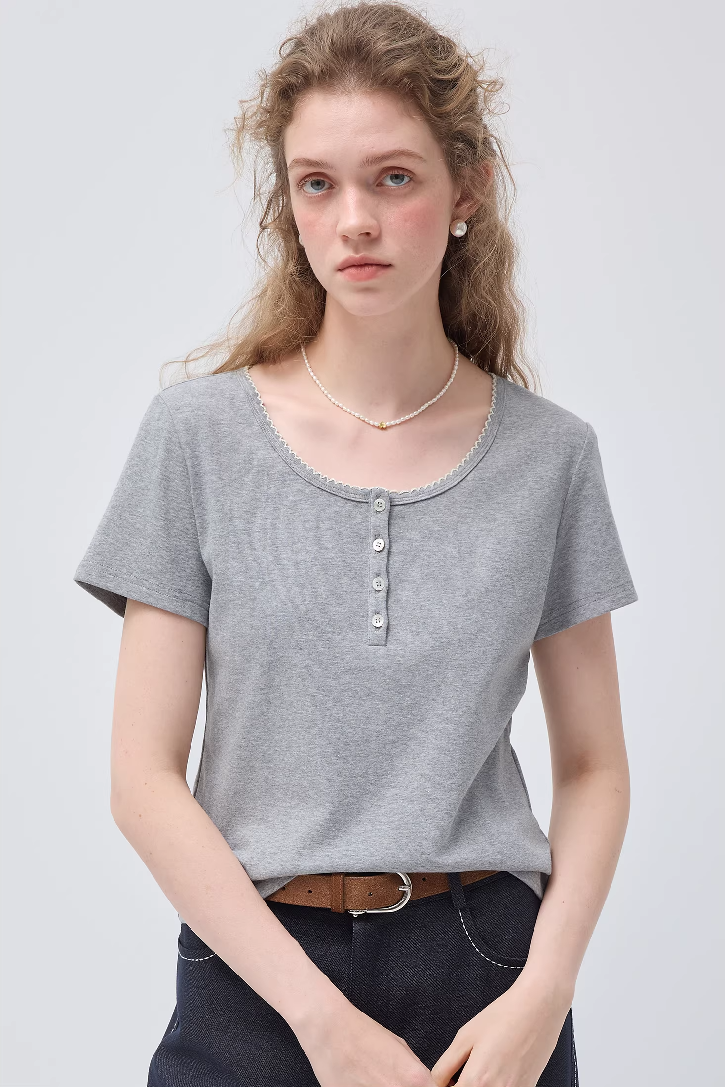 Uネック半開きボタンカーブエッジTシャツC3509