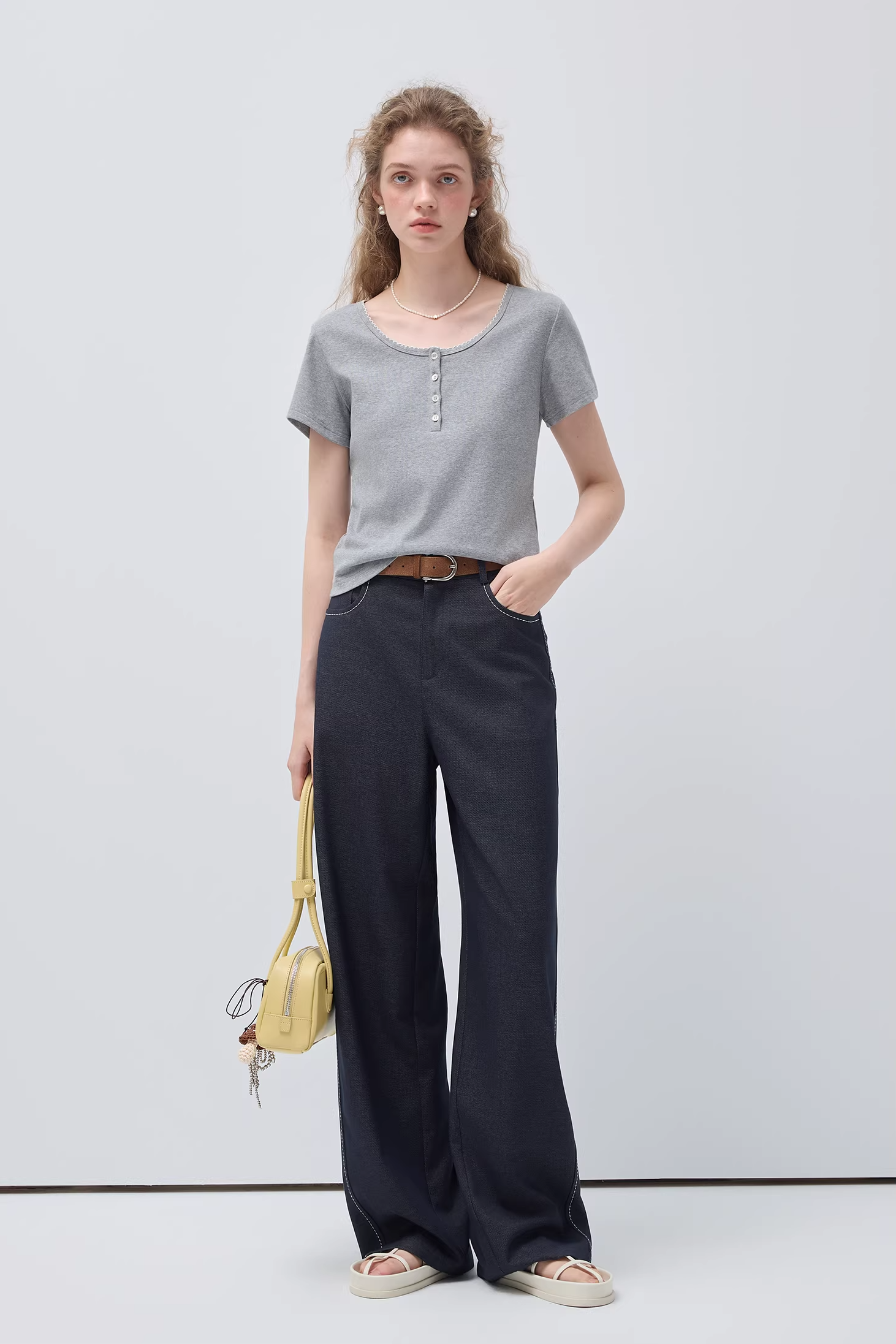 Uネック半開きボタンカーブエッジTシャツC3509