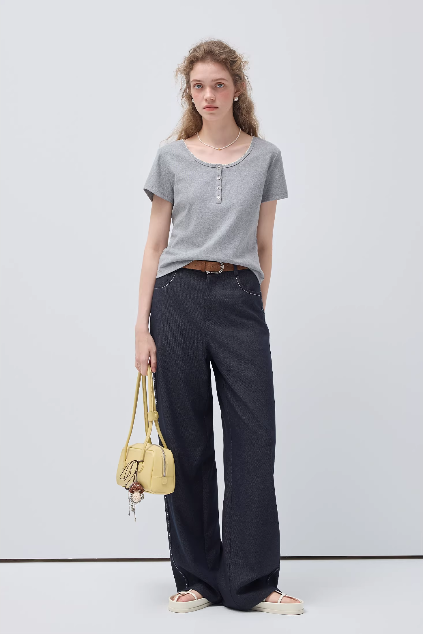 Uネック半開きボタンカーブエッジTシャツC3509