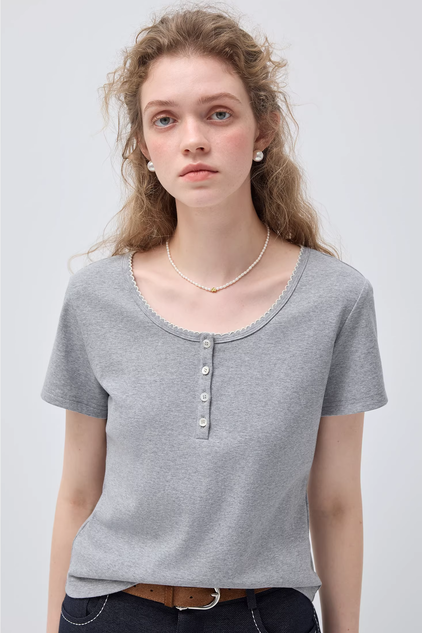 Uネック半開きボタンカーブエッジTシャツC3509