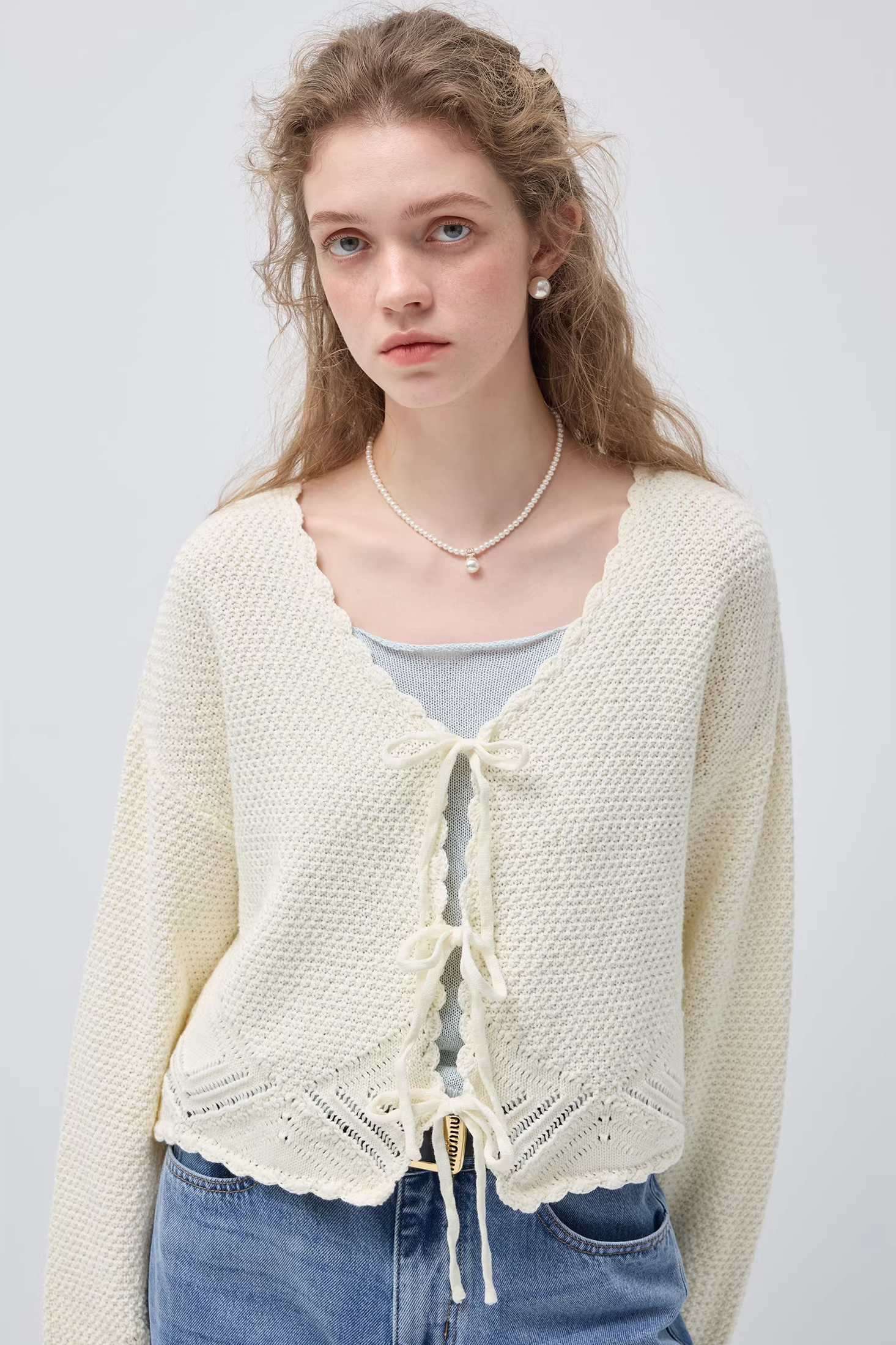 ホローアウトレースアップニットカーディガンC3510