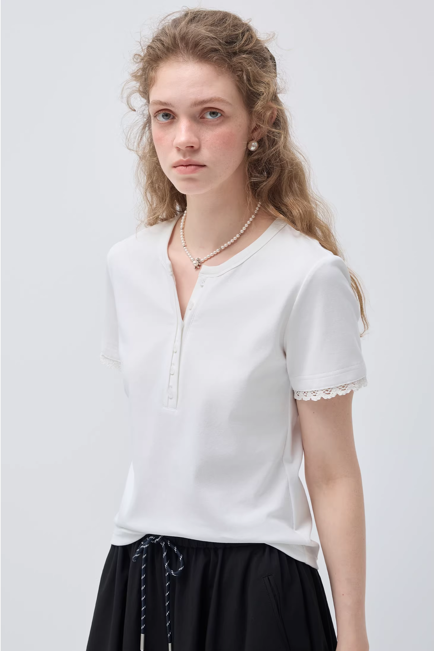 フロントハーフオープンパッチワークデザインTシャツC3513