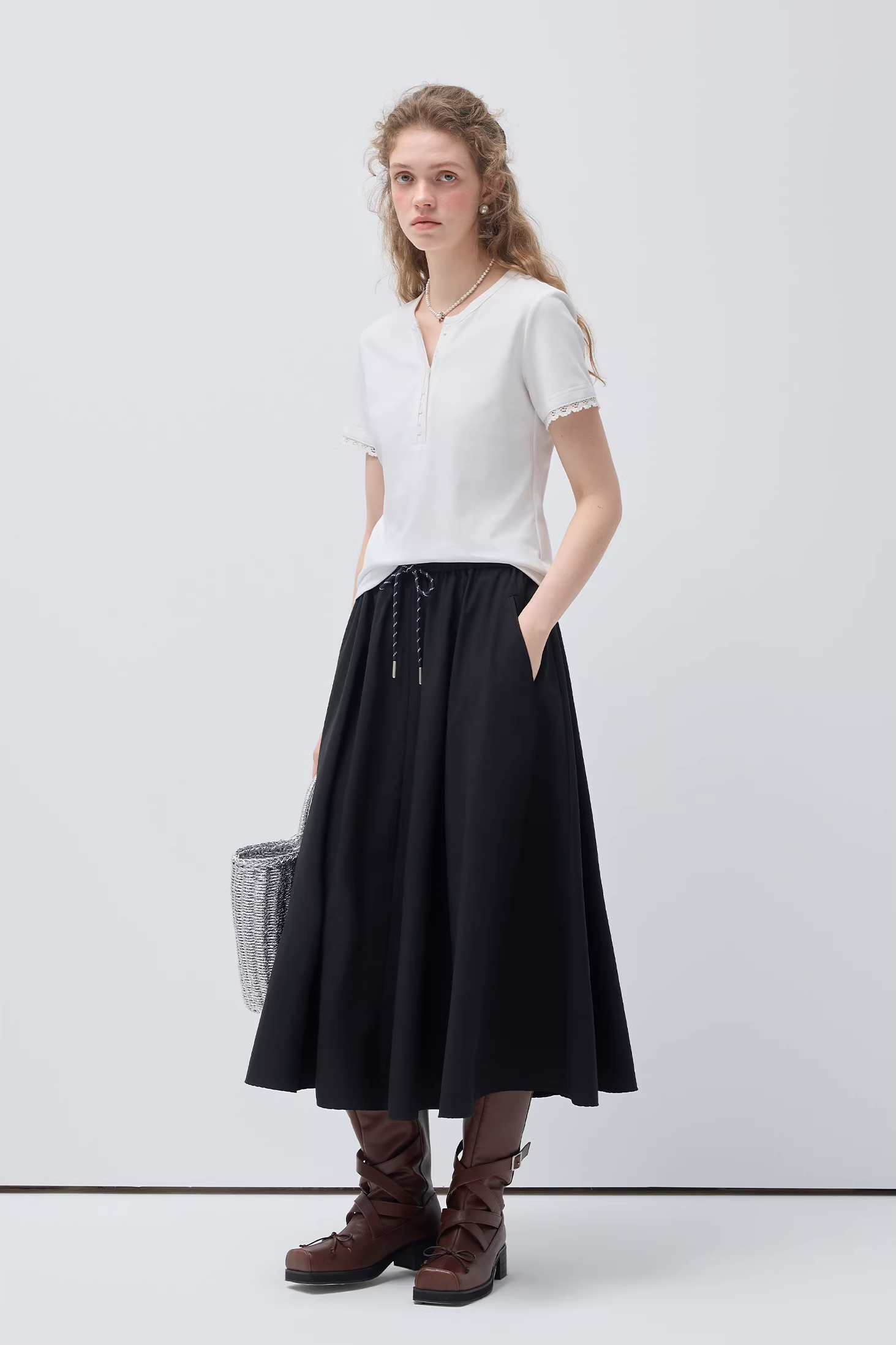 フロントハーフオープンパッチワークデザインTシャツC3513