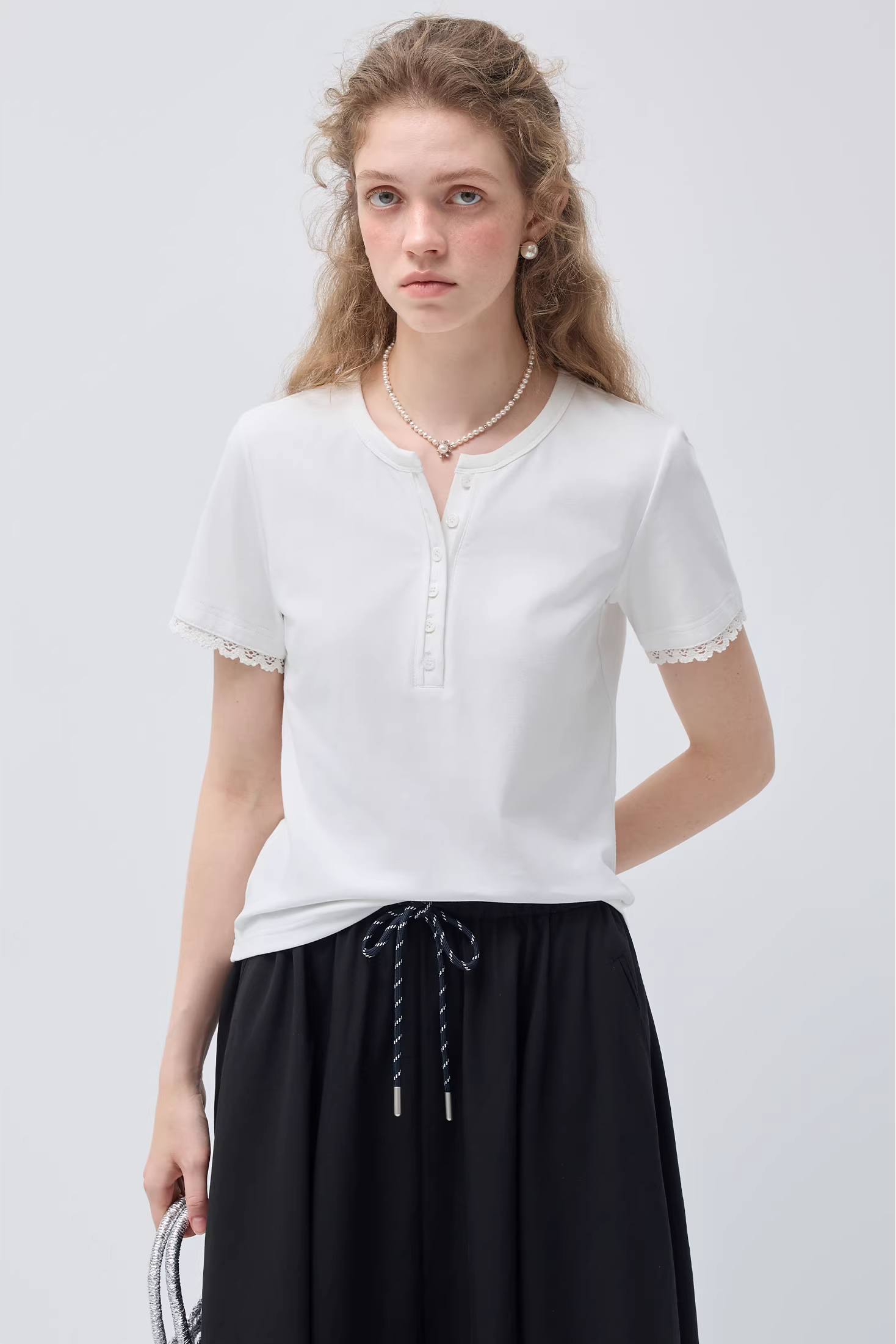 フロントハーフオープンパッチワークデザインTシャツC3513