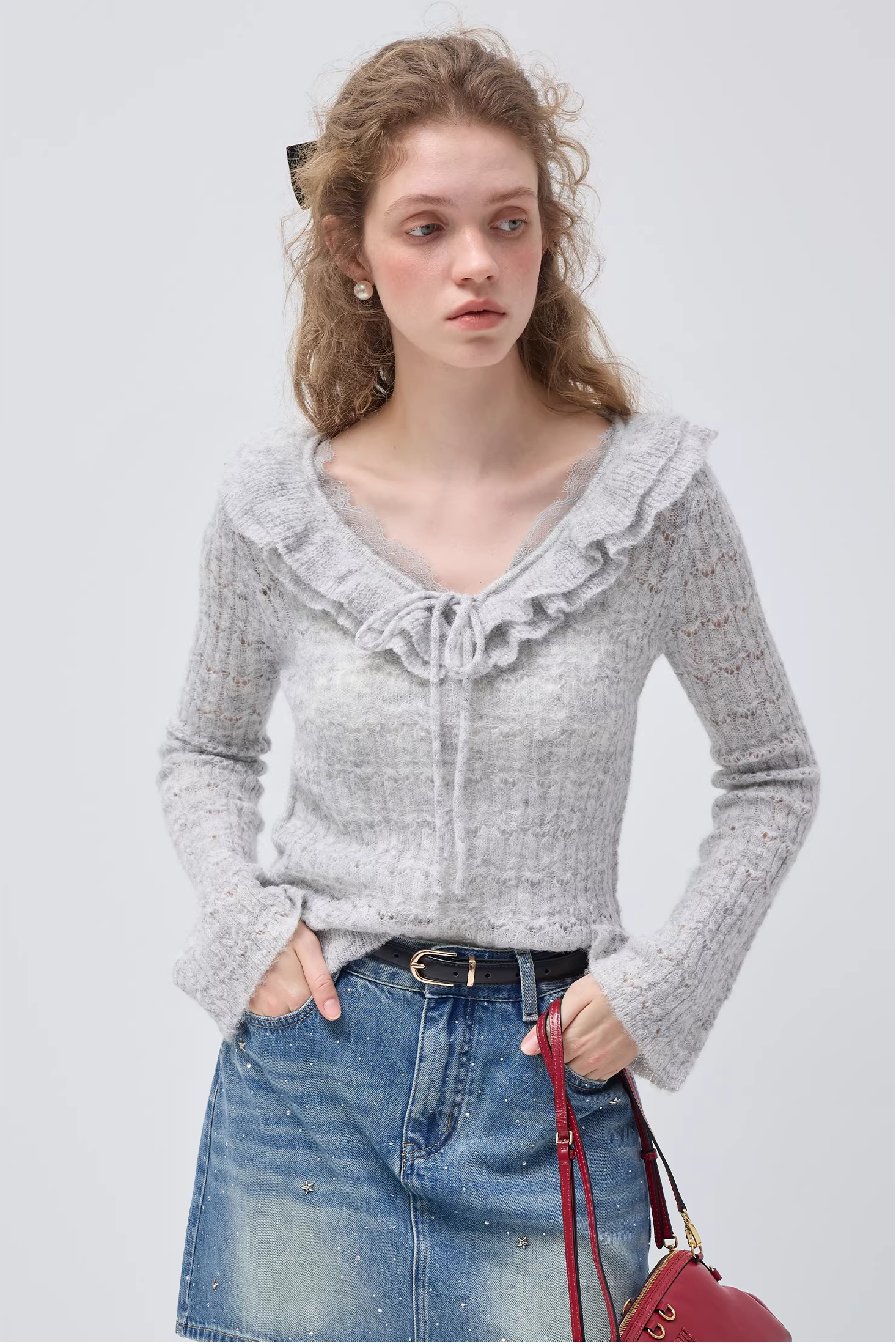 フレンチスイートハートパッチワークフリルセーターC3518