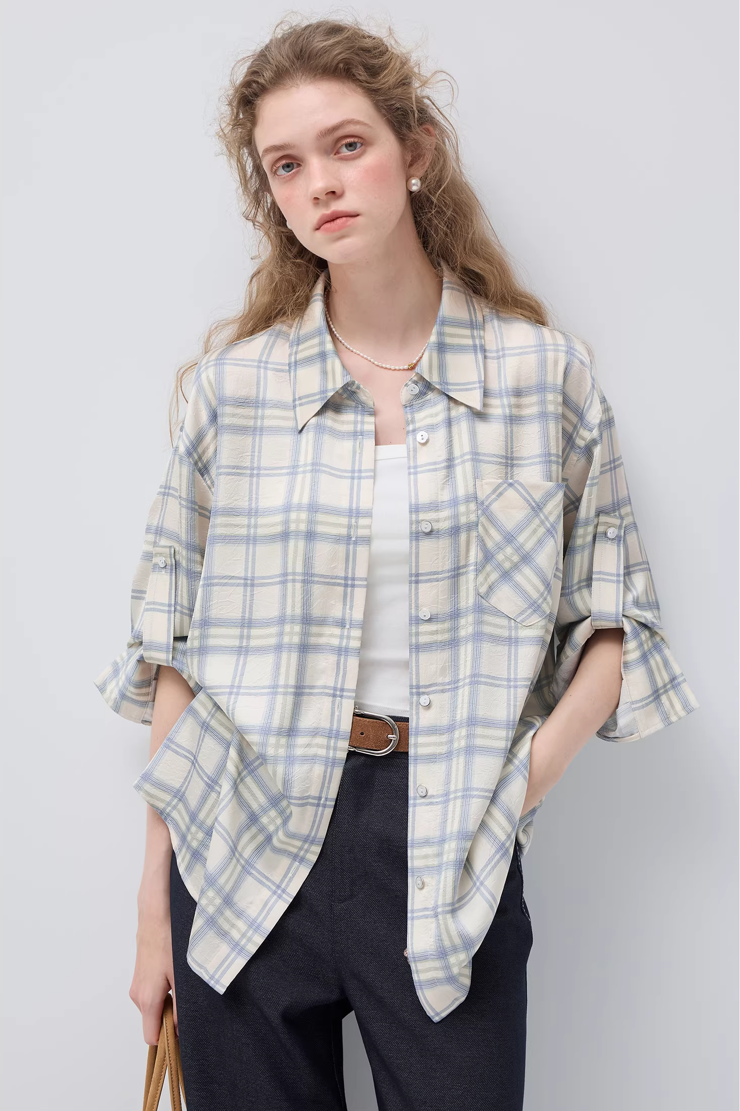 チェック柄ラペルアジャスタブルスリーブバンドシャツC3519