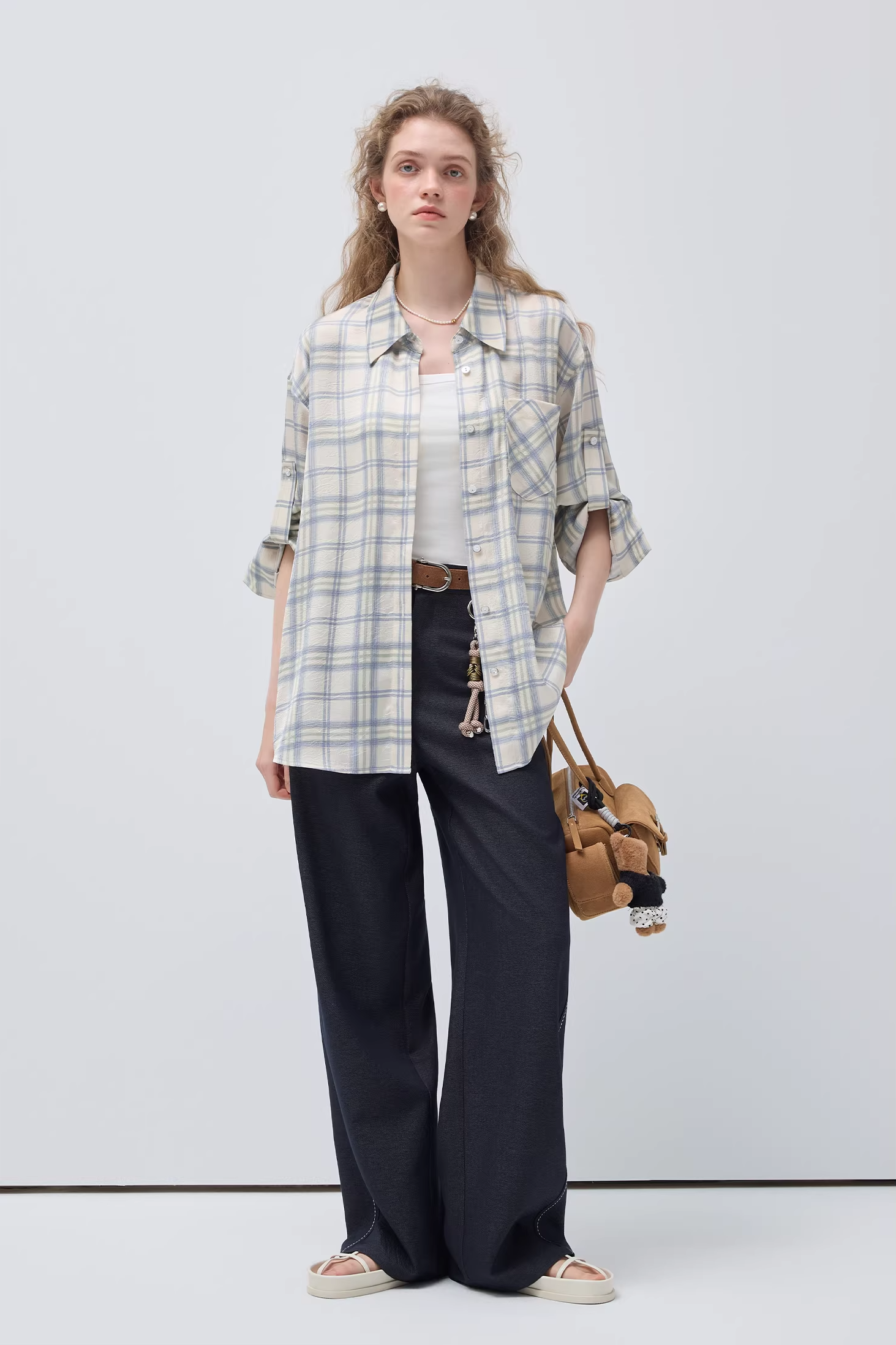 チェック柄ラペルアジャスタブルスリーブバンドシャツC3519