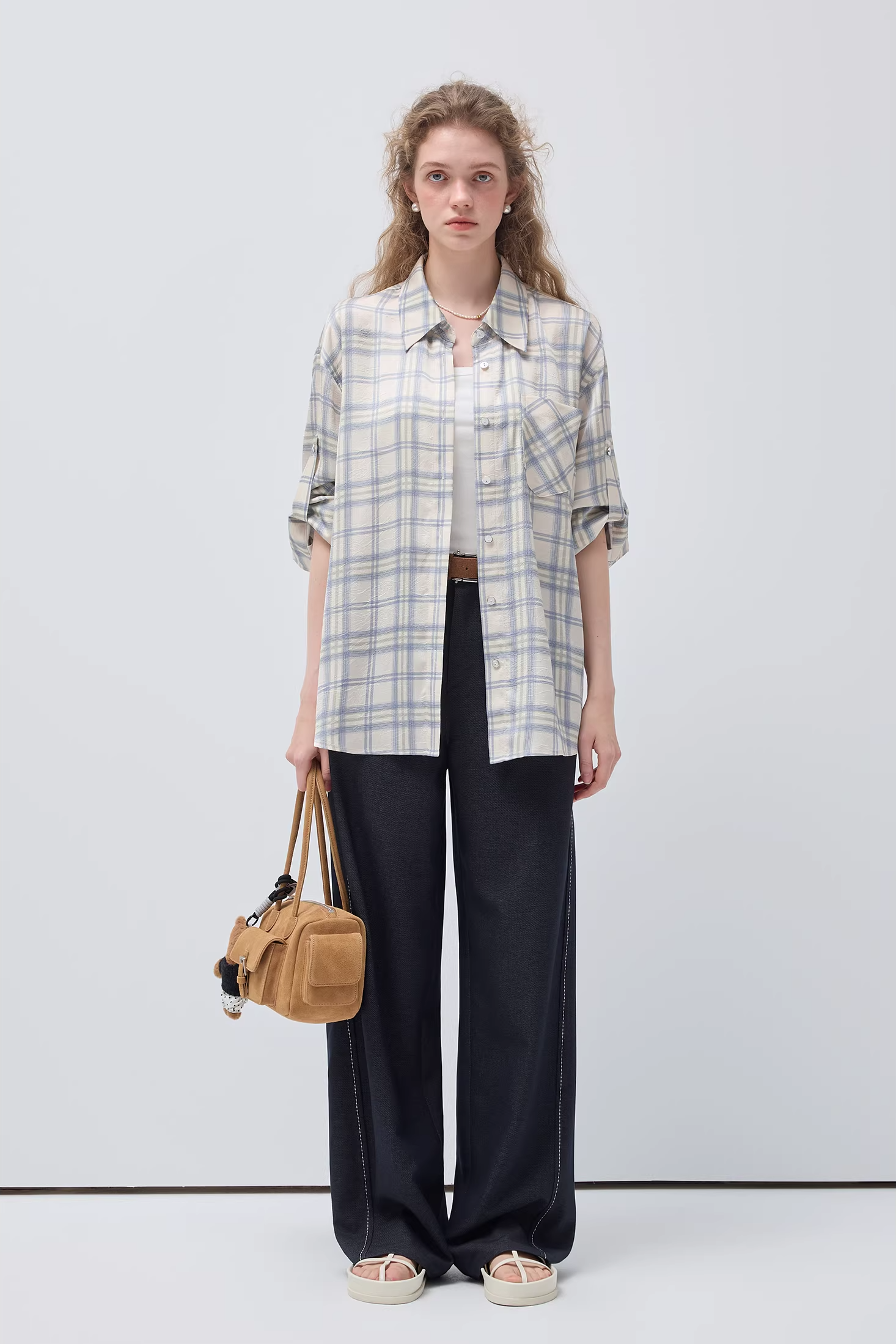 チェック柄ラペルアジャスタブルスリーブバンドシャツC3519