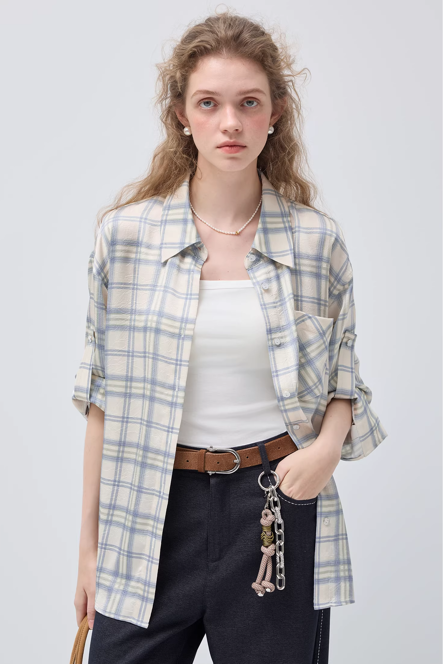 チェック柄ラペルアジャスタブルスリーブバンドシャツC3519