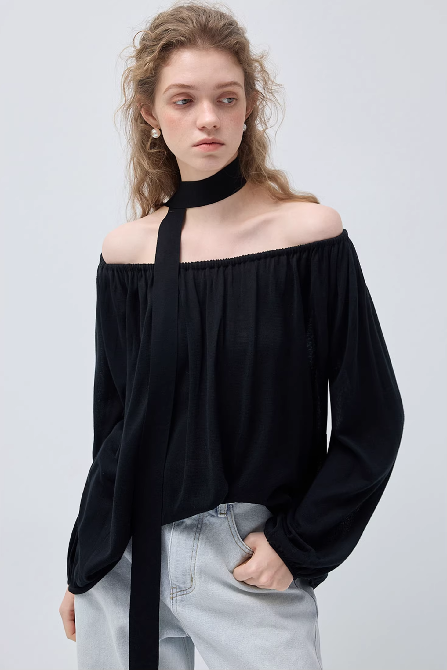 ワンショルダーホルターレースアップデザインセーターC3521