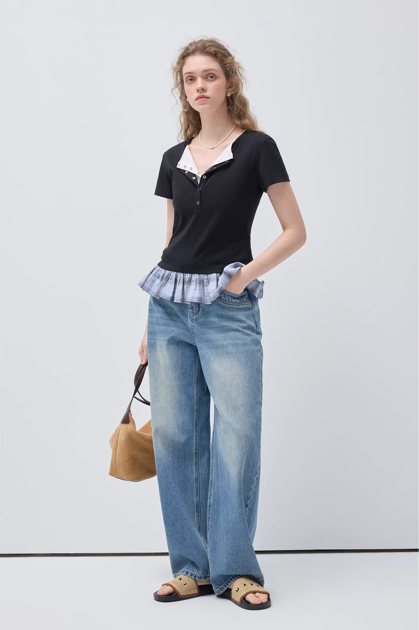 レトロハイウエストワイドレッグジーンズC3523