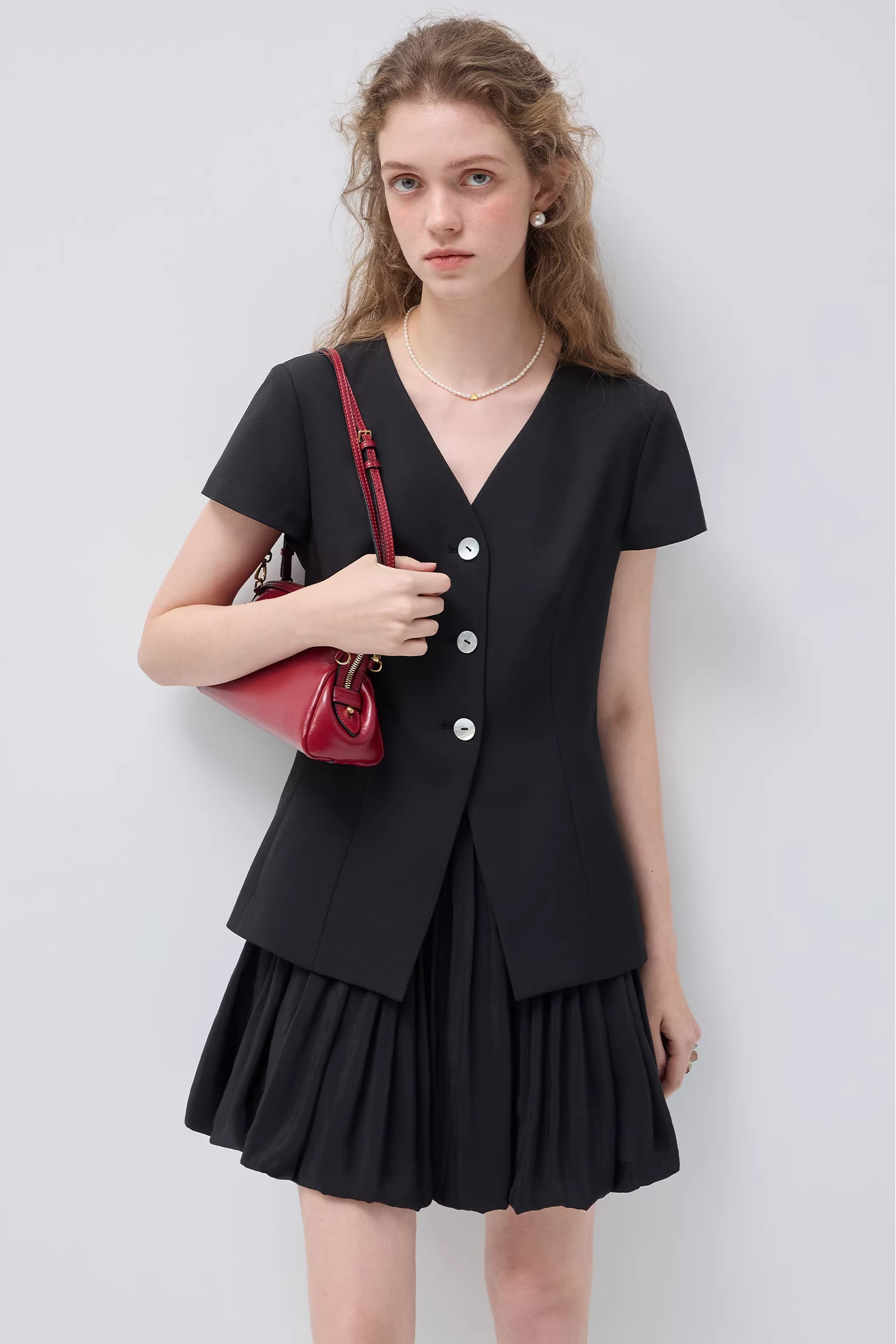 VネックシーシェルボタンフェイクツーピースドレスC3526