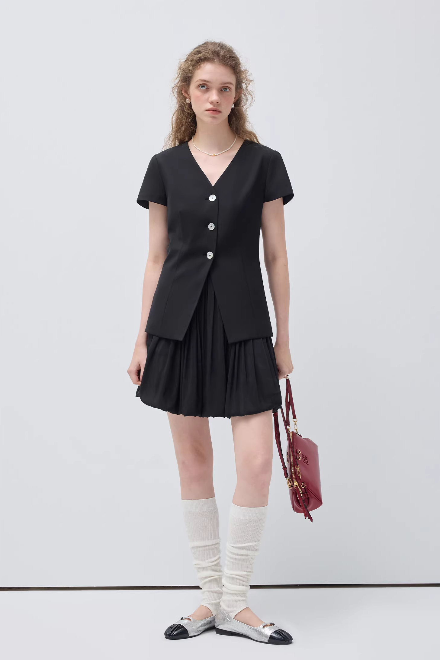 VネックシーシェルボタンフェイクツーピースドレスC3526