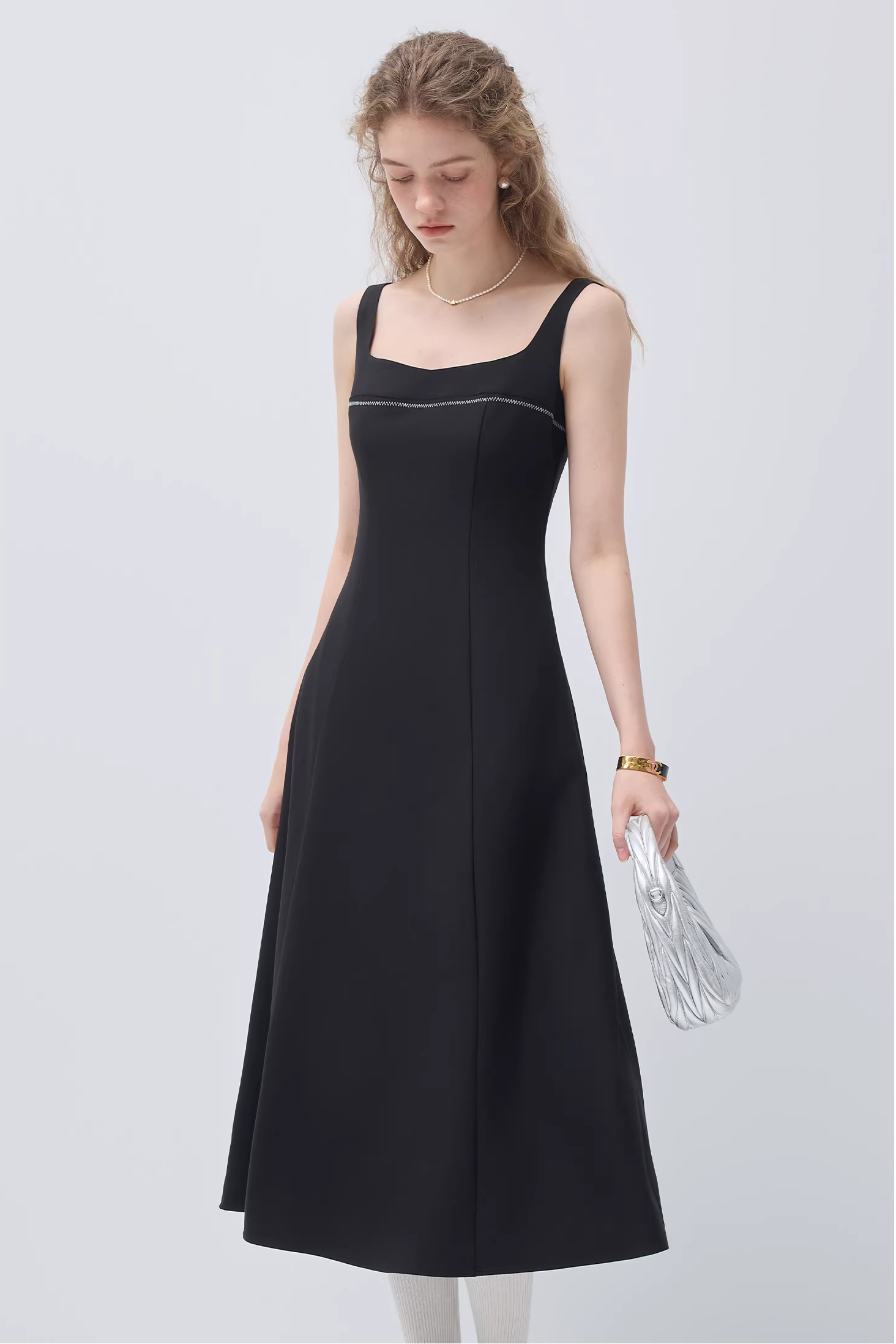 スクエアネックスパゲッティストラップウエストドレスC3535