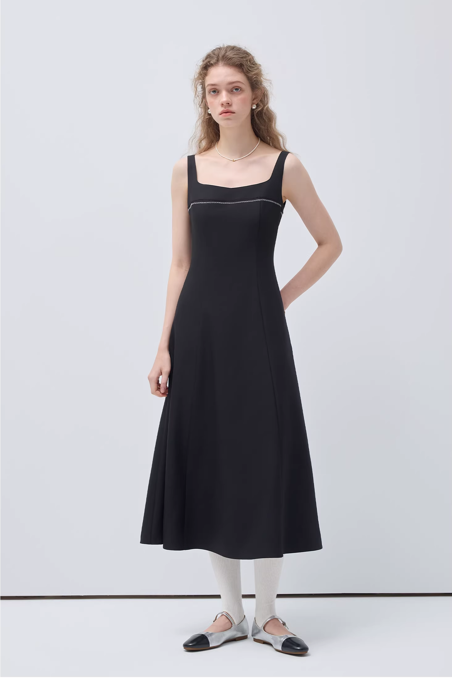 スクエアネックスパゲッティストラップウエストドレスC3535