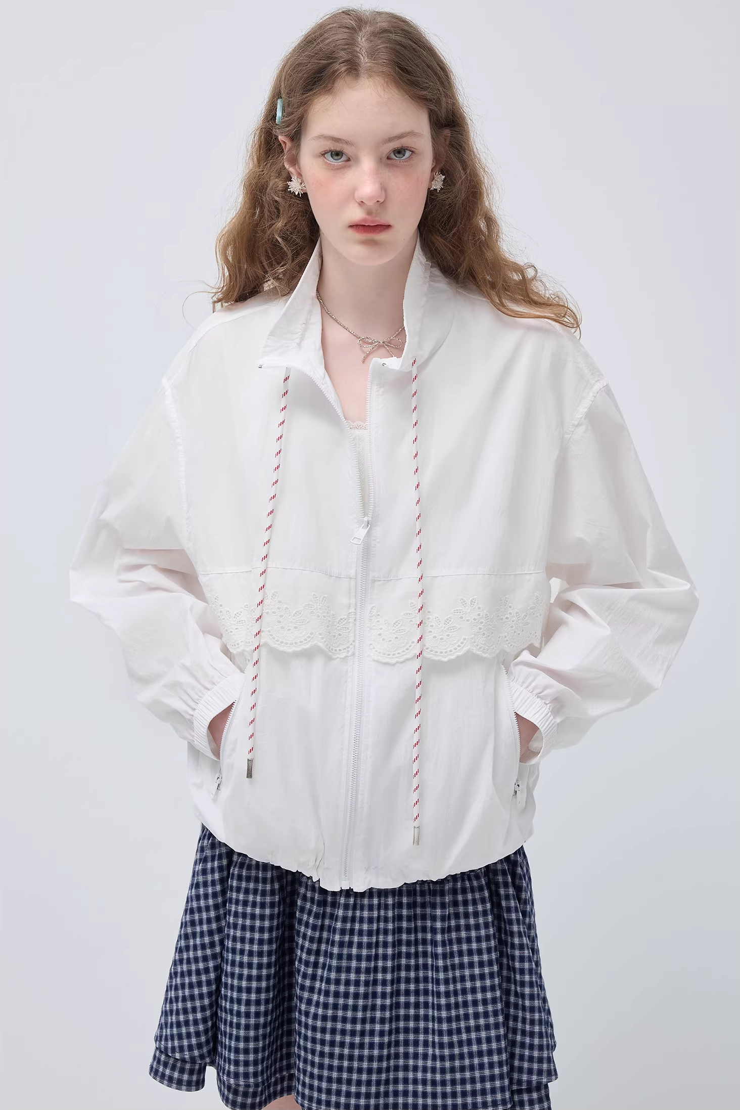 コントラストカラードローストリングレースルーズジャケットC3535