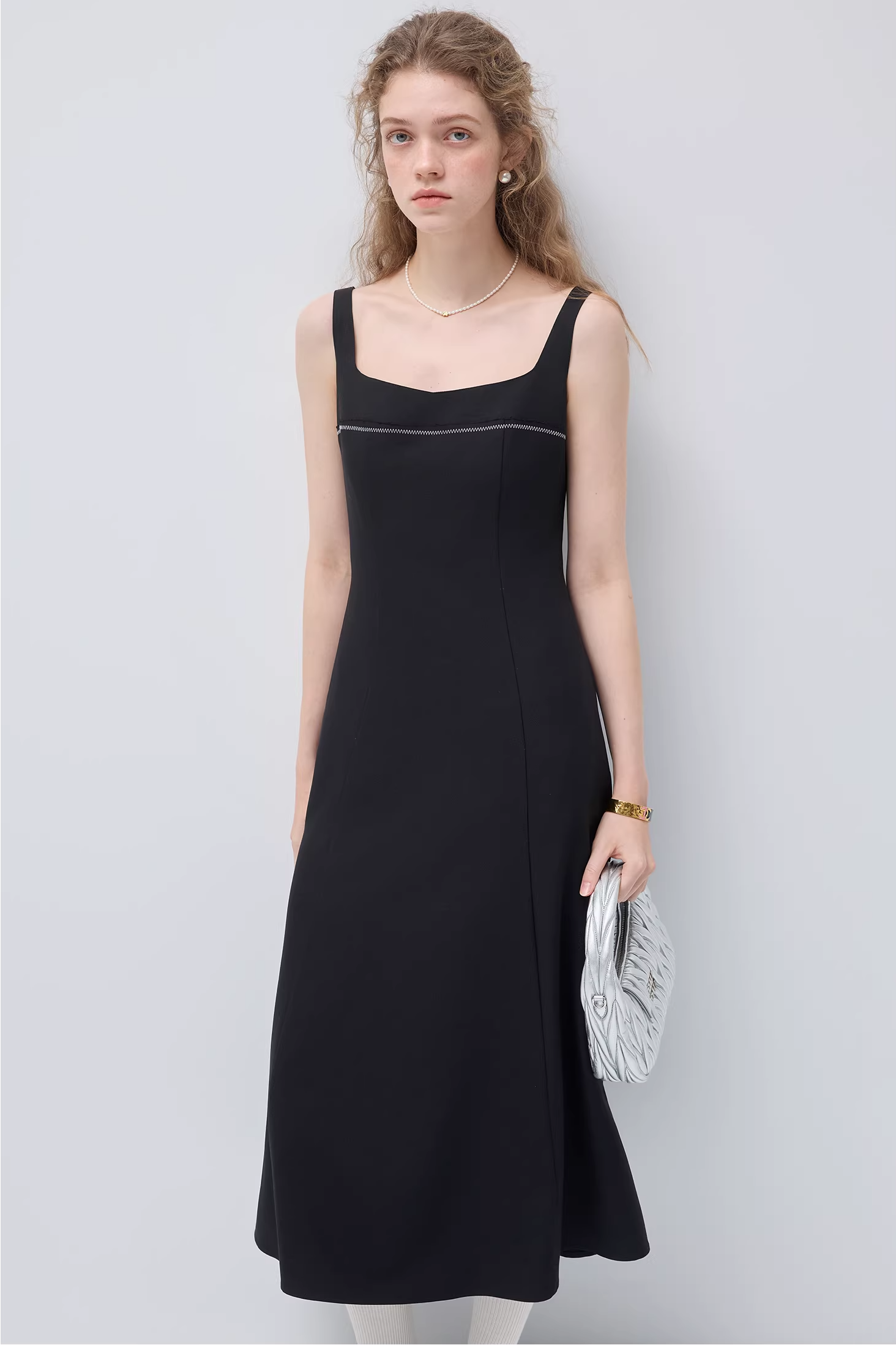 スクエアネックスパゲッティストラップウエストドレスC3535