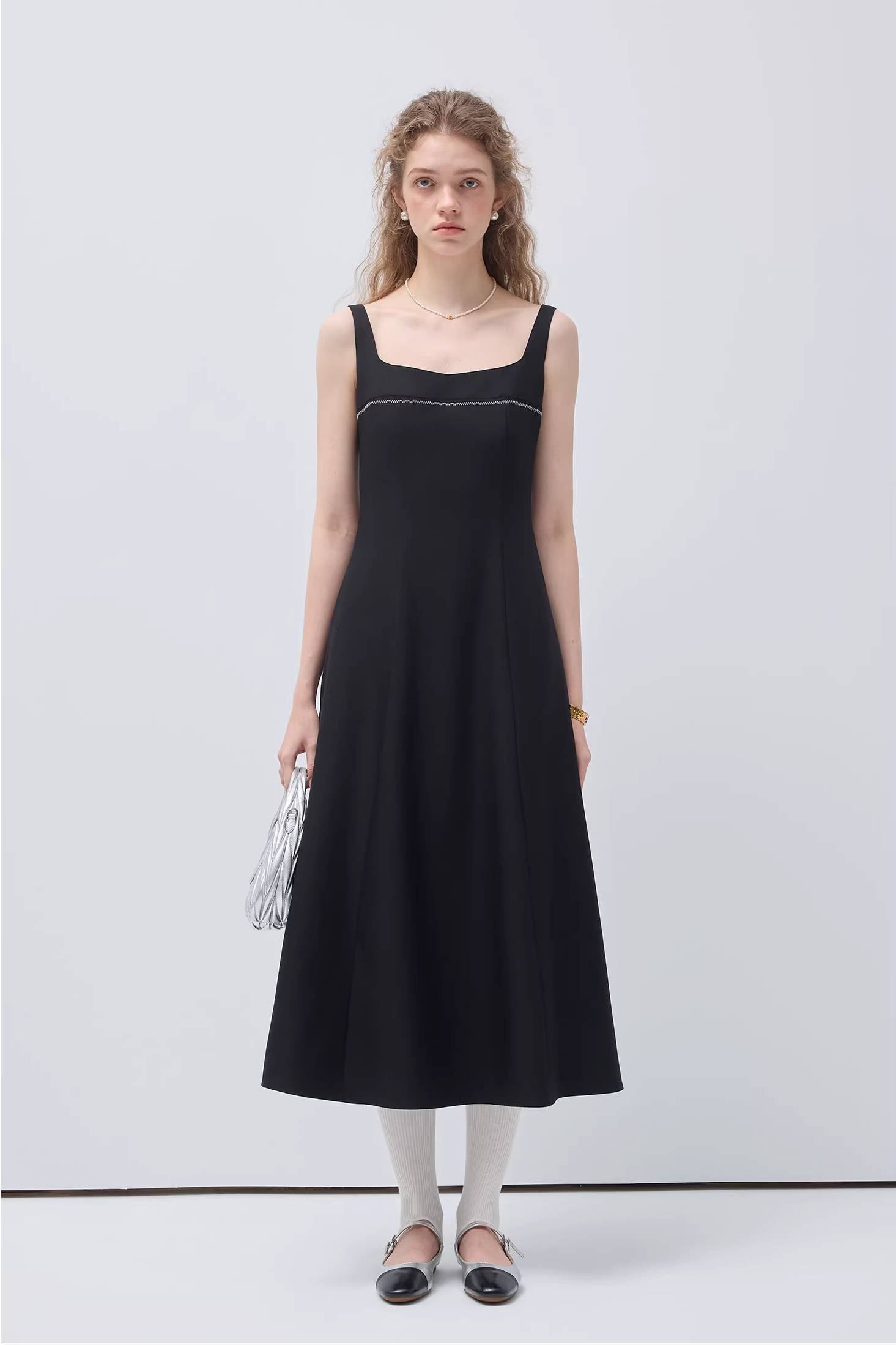 スクエアネックスパゲッティストラップウエストドレスC3535