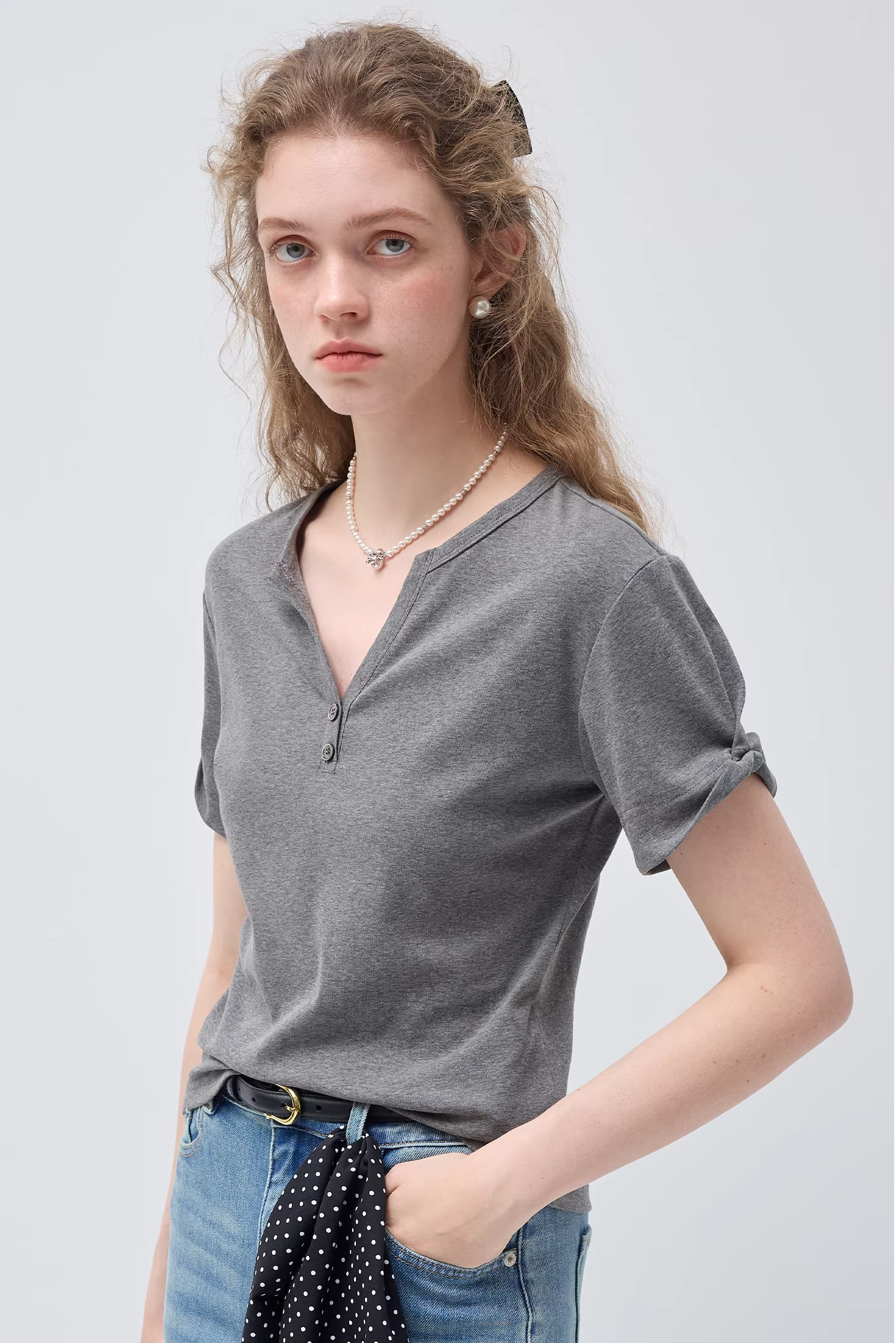 リトルVネックリンクル半袖TシャツC3542