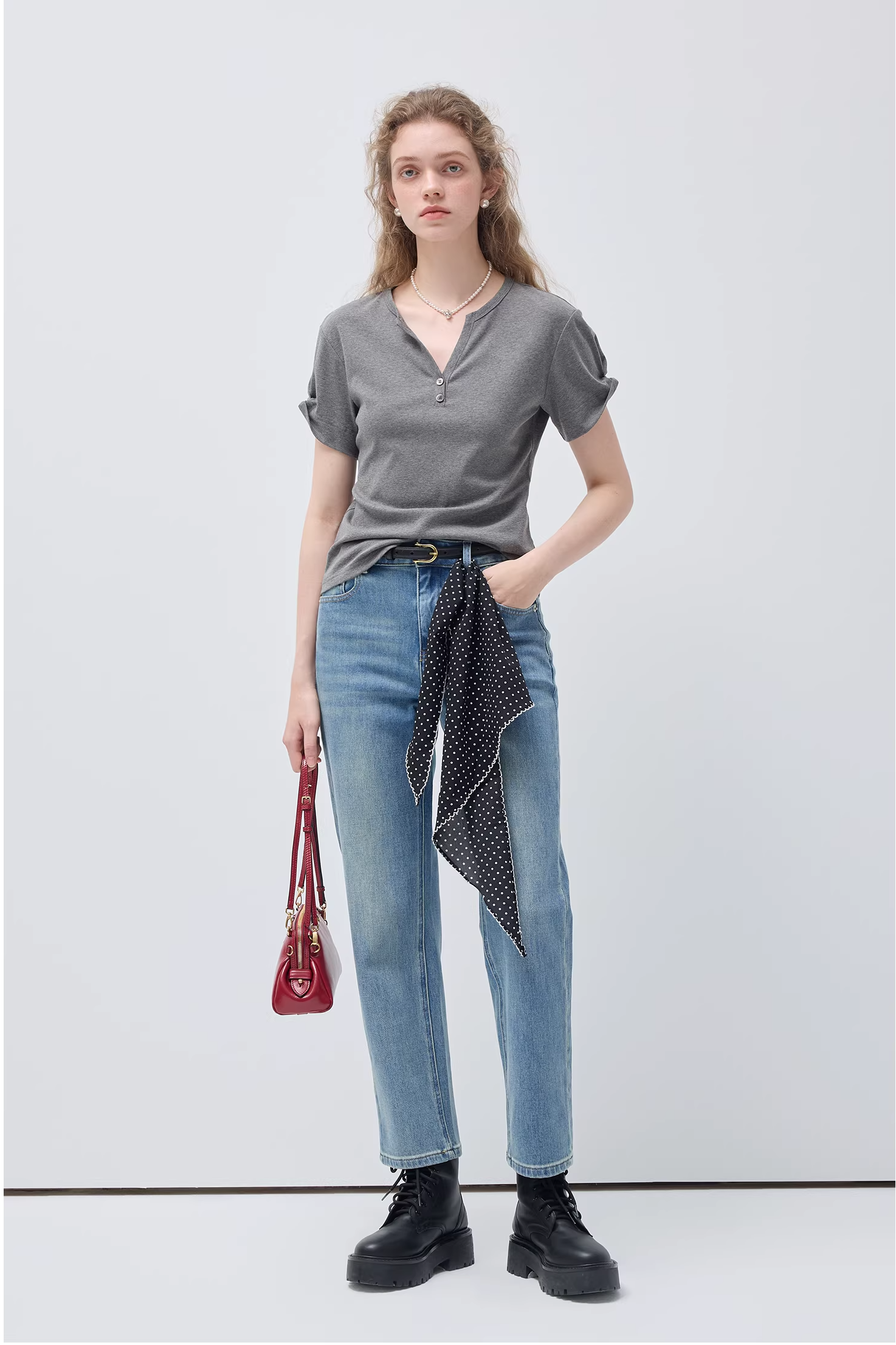 リトルVネックリンクル半袖TシャツC3542