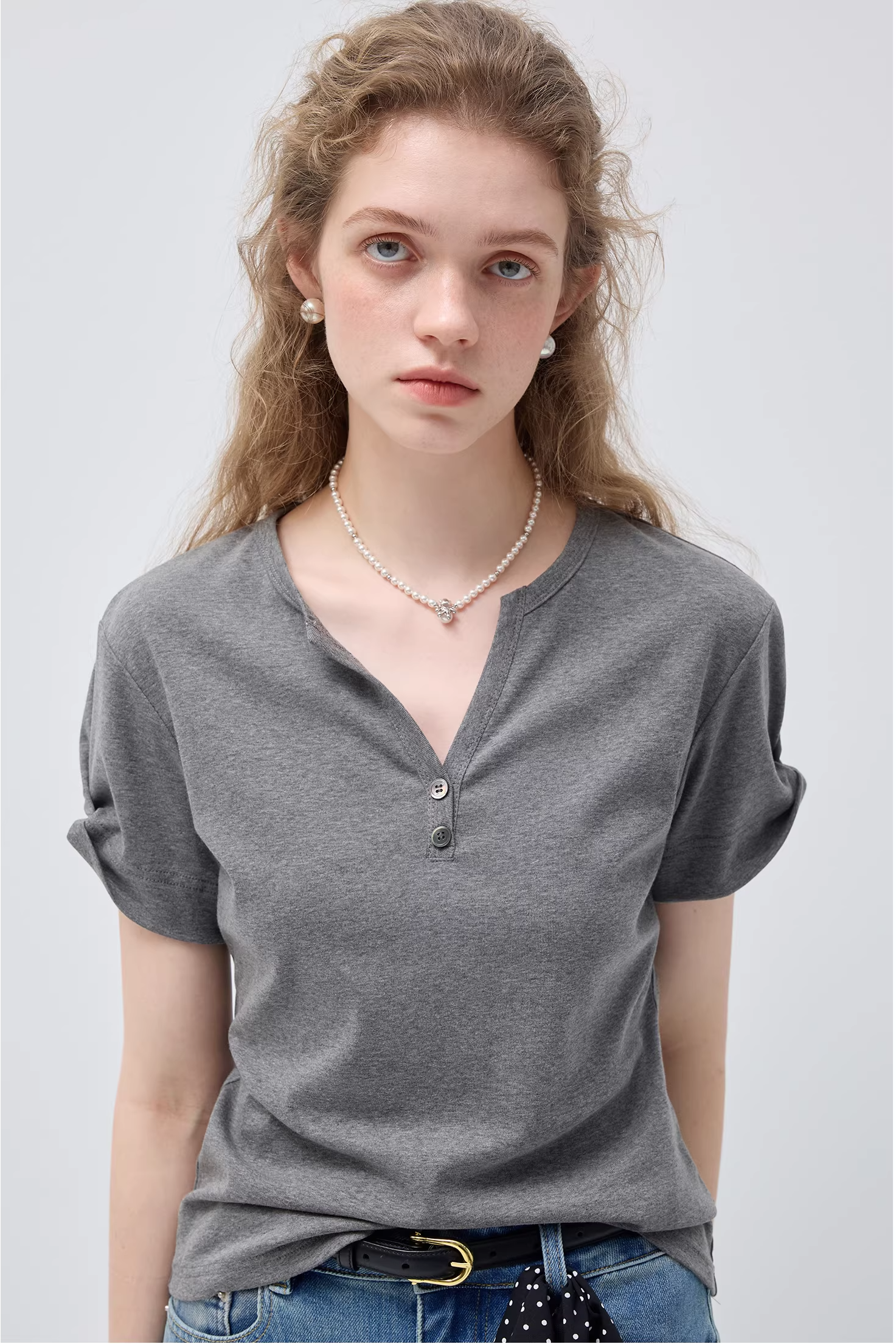 リトルVネックリンクル半袖TシャツC3542