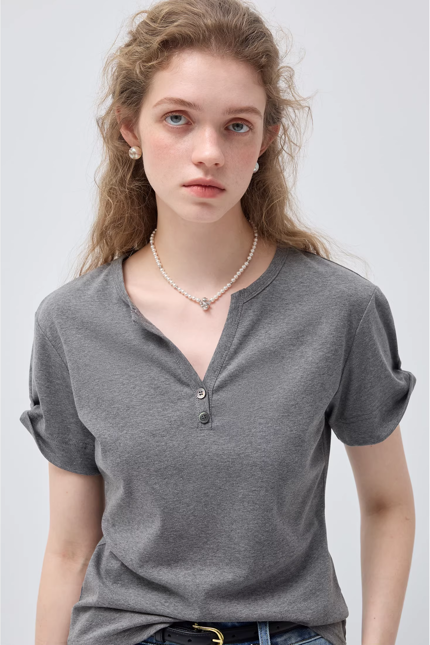 リトルVネックリンクル半袖TシャツC3542