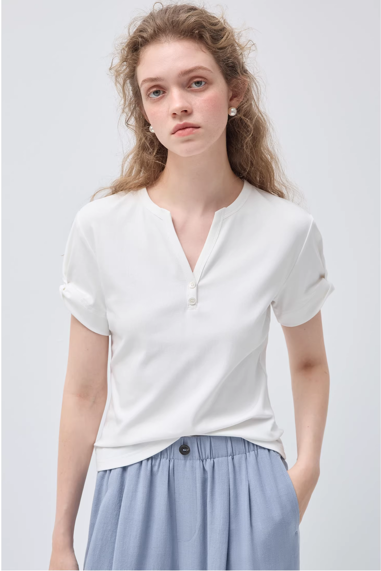 リトルVネックリンクル半袖TシャツC3542