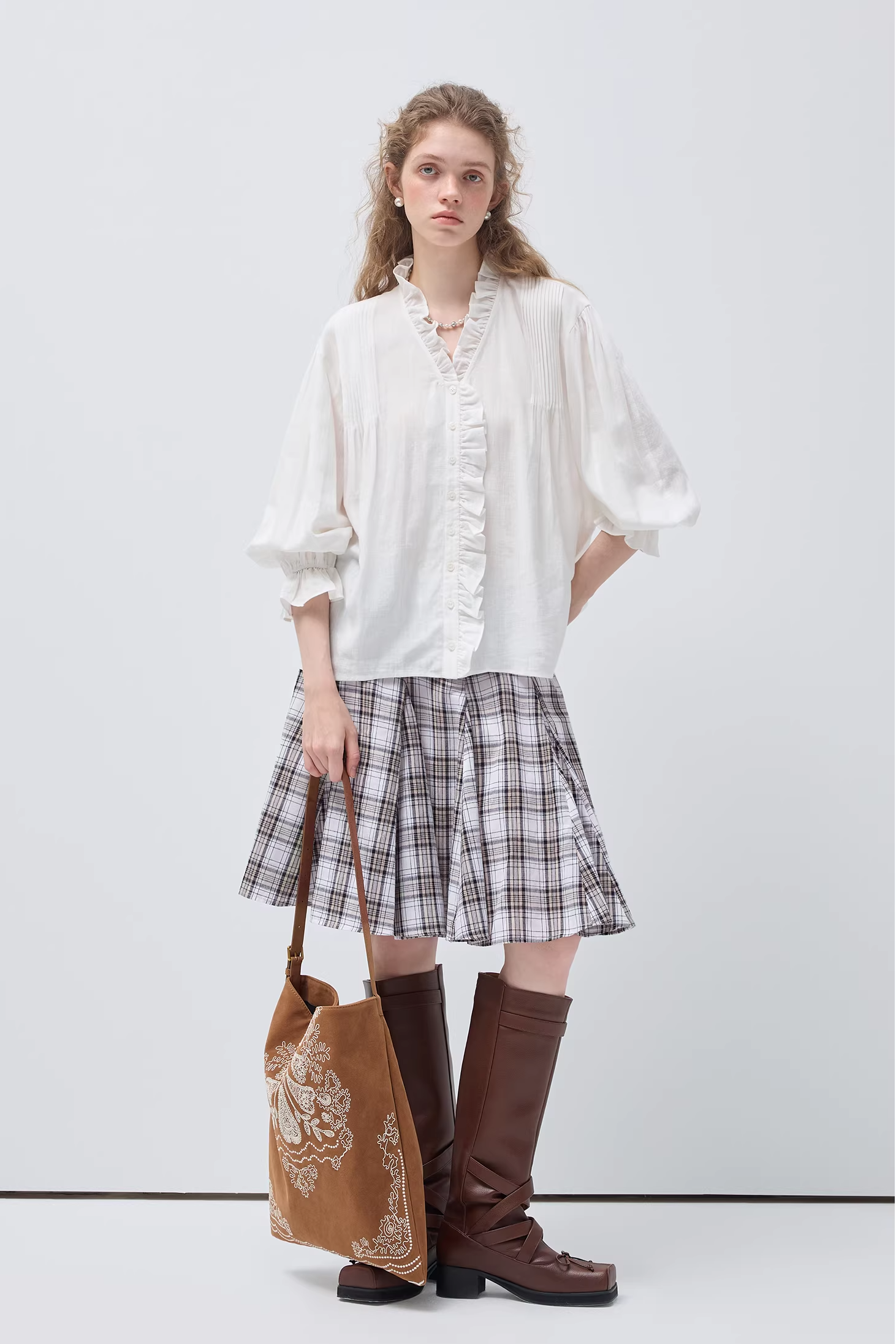 チェック柄コットンパッチワークスカートC3553