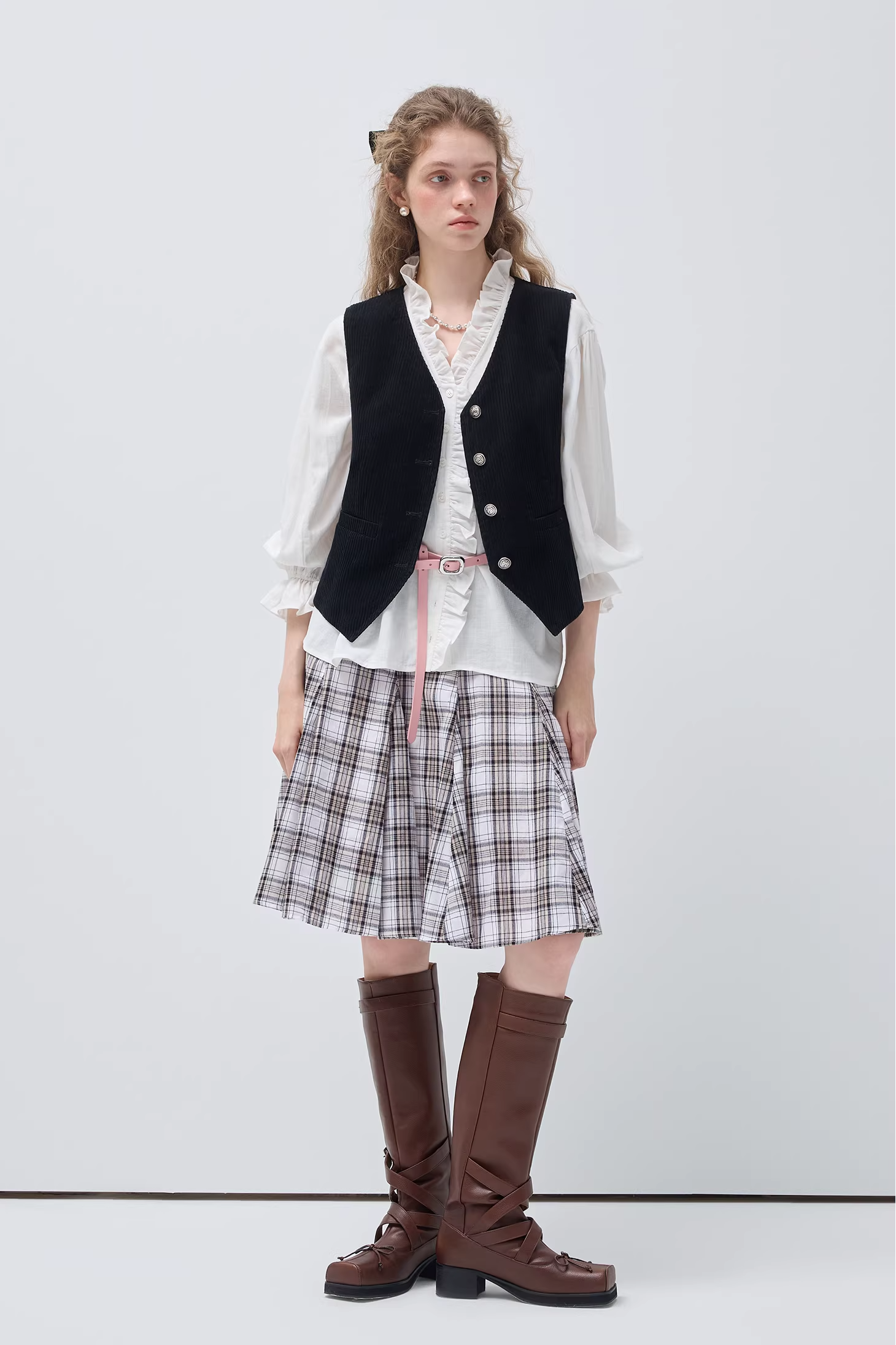 チェック柄コットンパッチワークスカートC3553