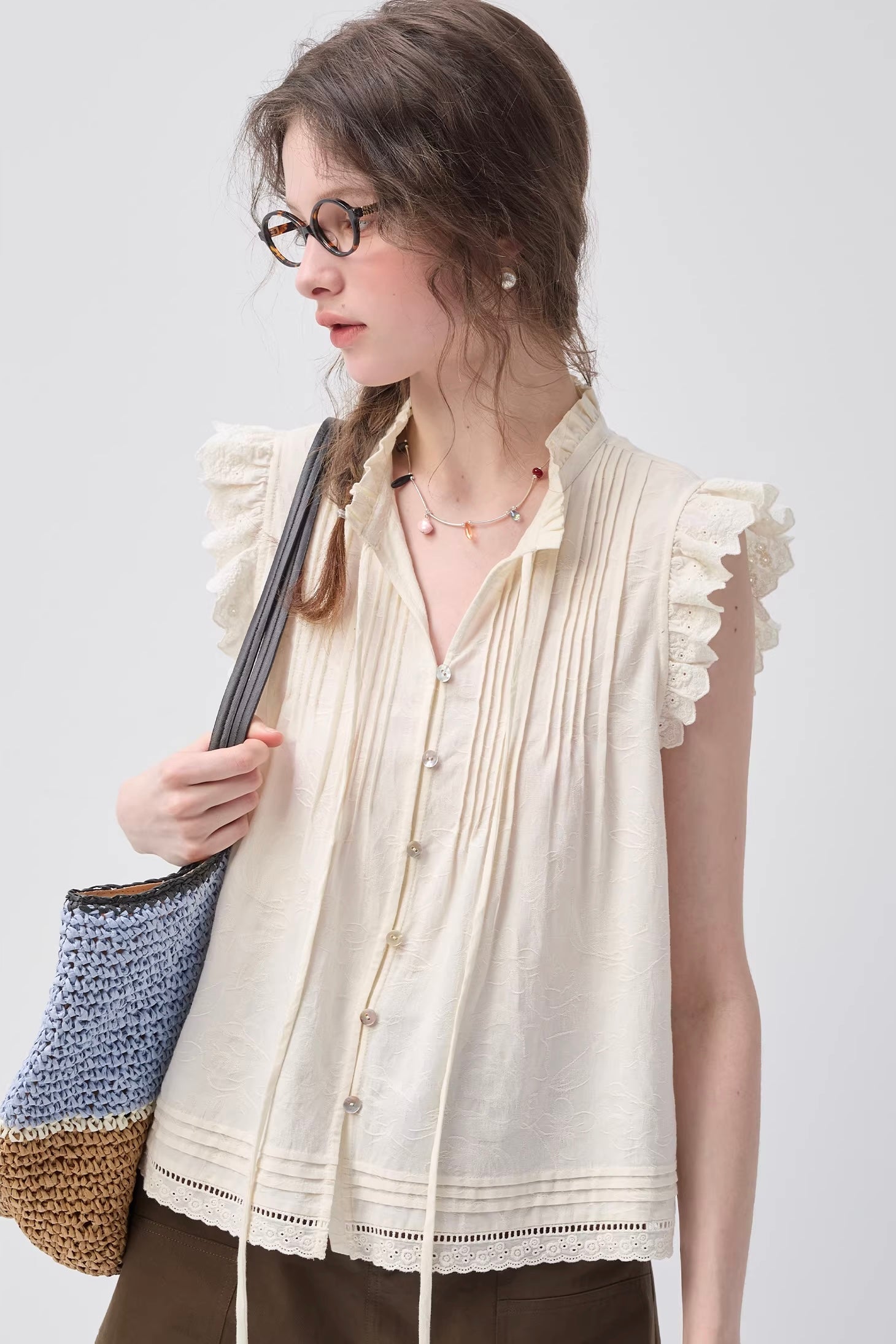 フリルスリーブレースコンビブラウスC3625