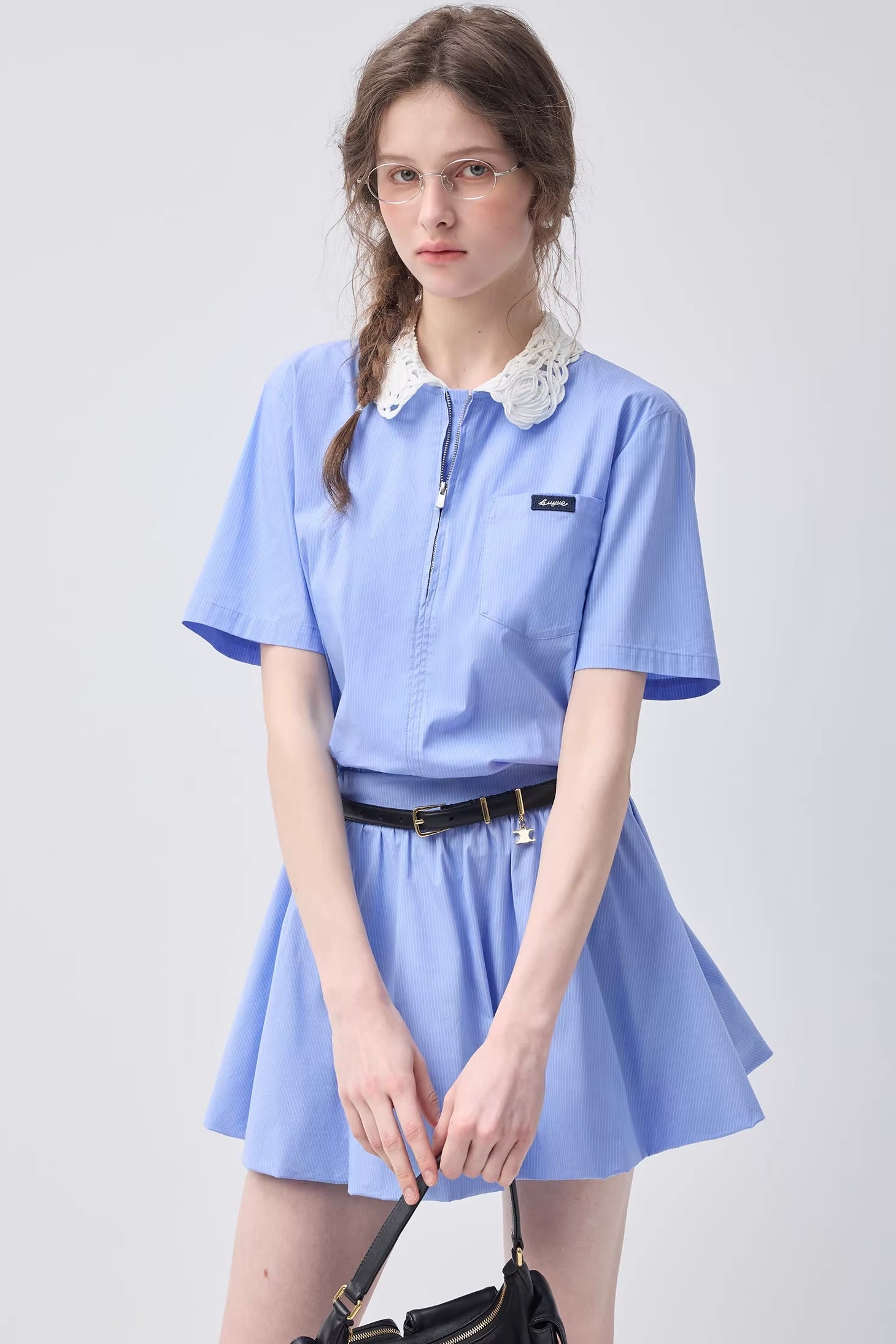 フリルカラーハーフジップワンピースC3629