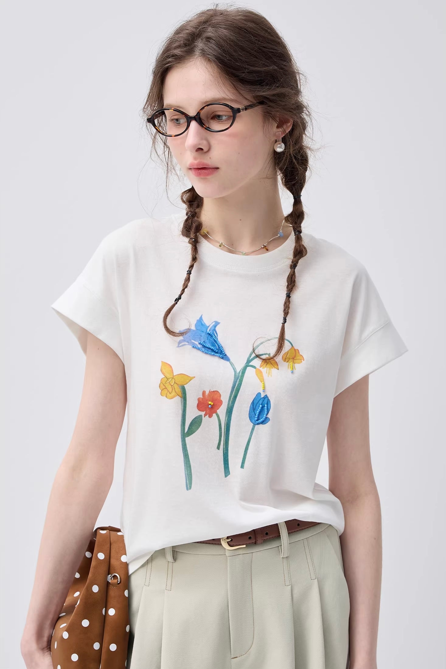 ビーズディテール フラワープリントTシャツC3642