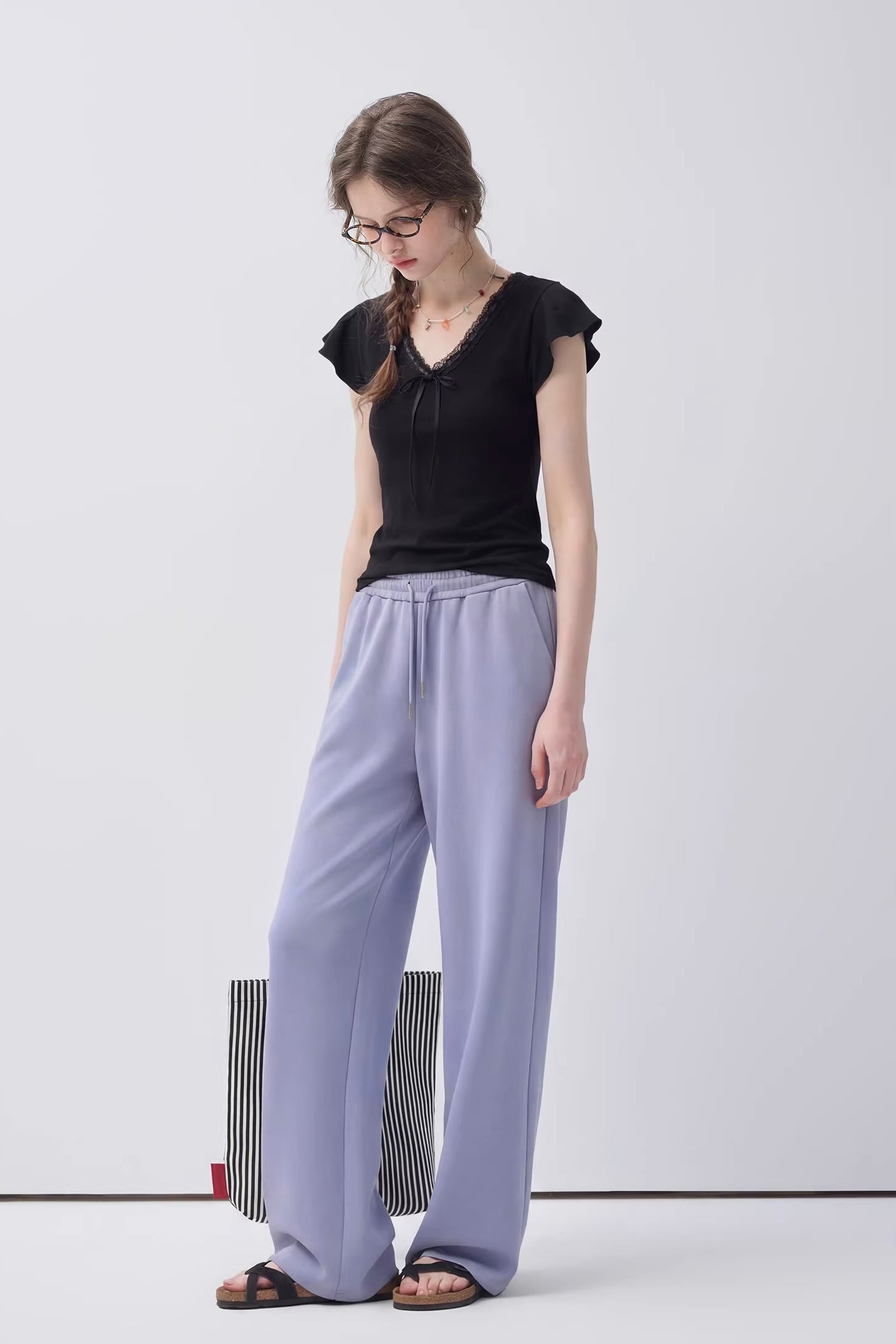 VネックフリルリボンフレンチスリーブトップスC3644