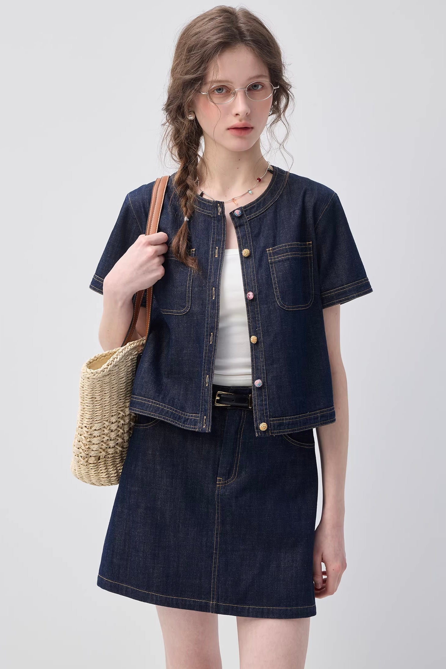 ラウンドネックトップス＋コットンAラインショートパンツ セットアップC3651