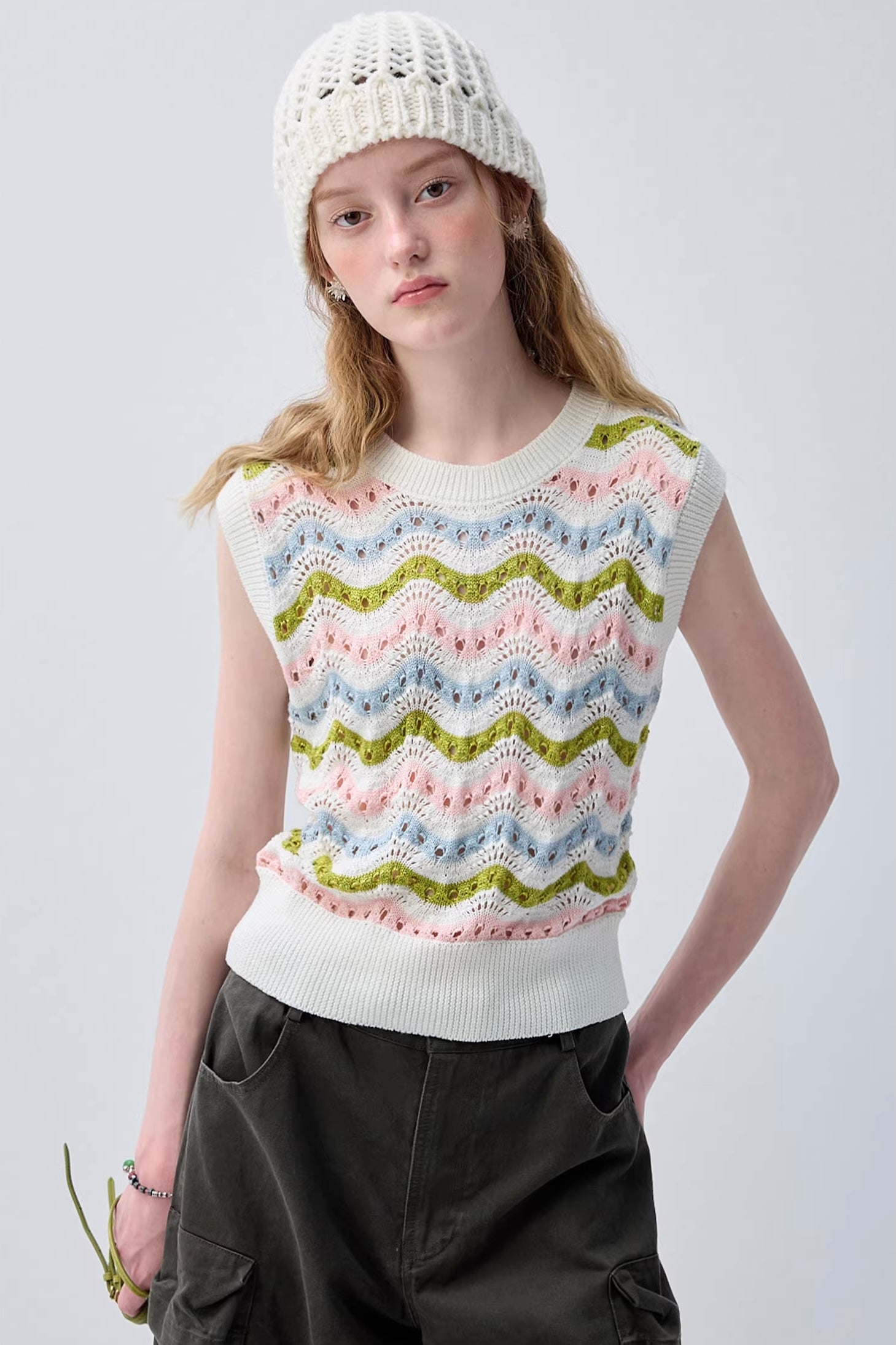 マルチカラーアクセントストライプニットトップスC3656