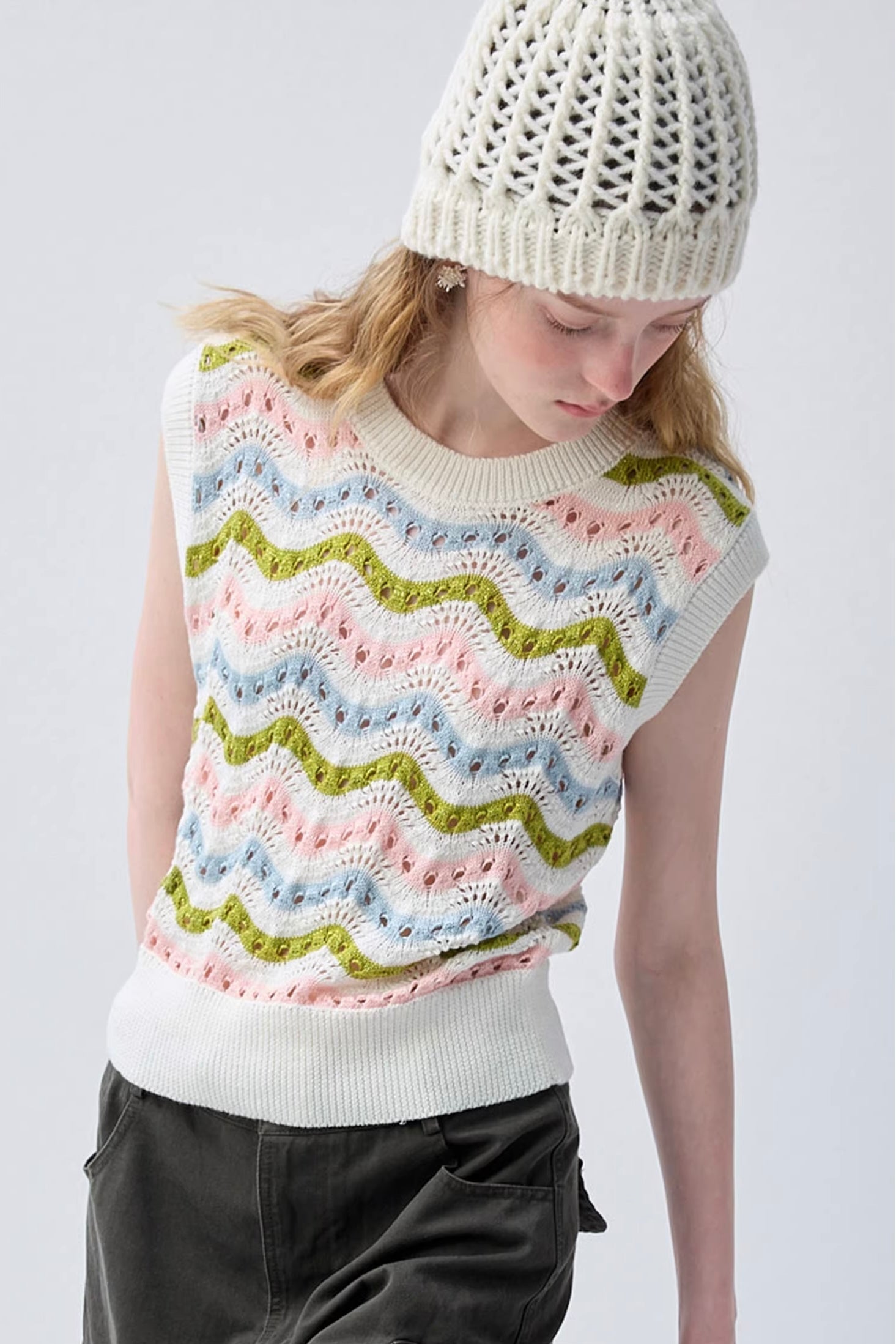 マルチカラーアクセントストライプニットトップスC3656