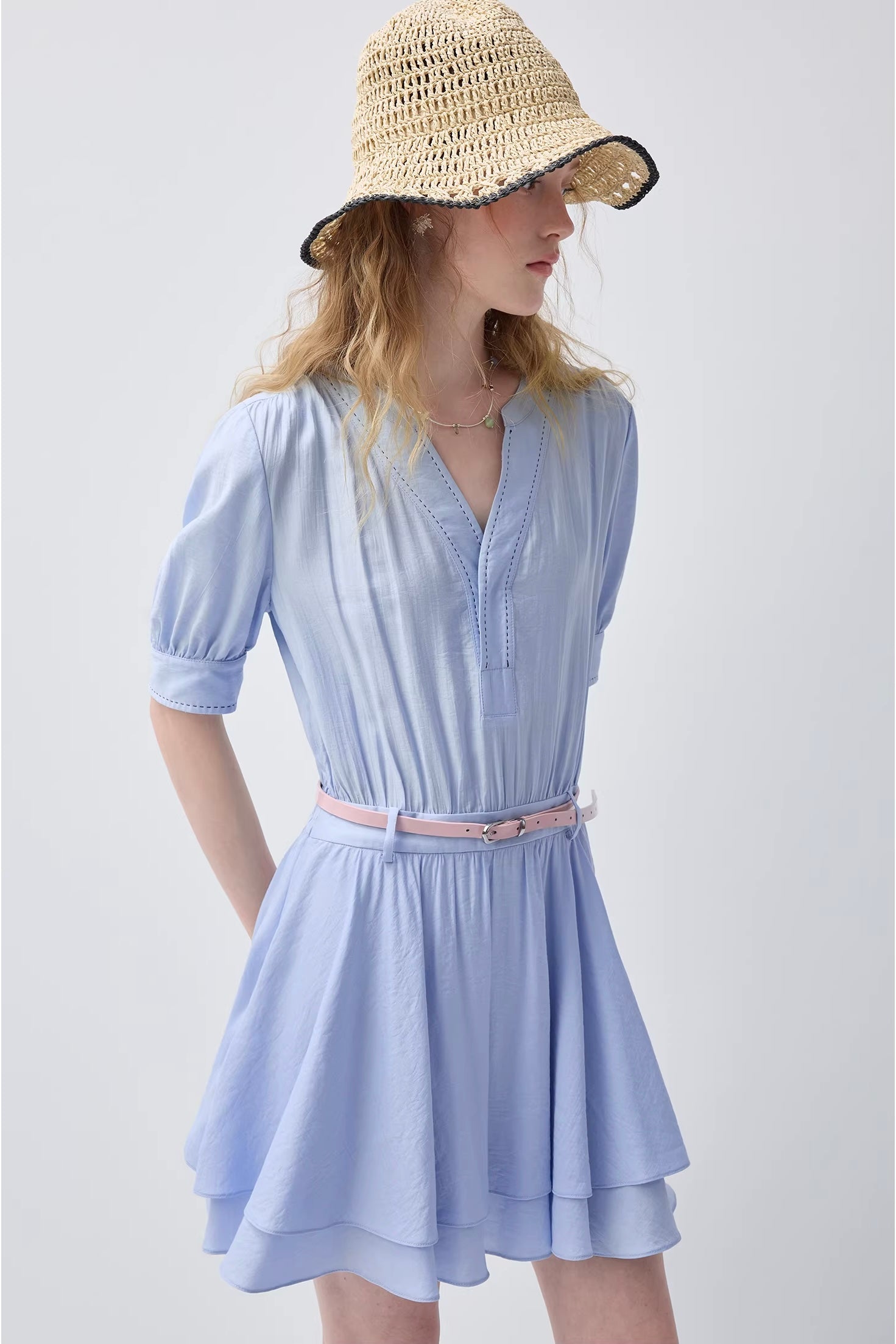 VネックウエストシェイプティアードワンピースC3733