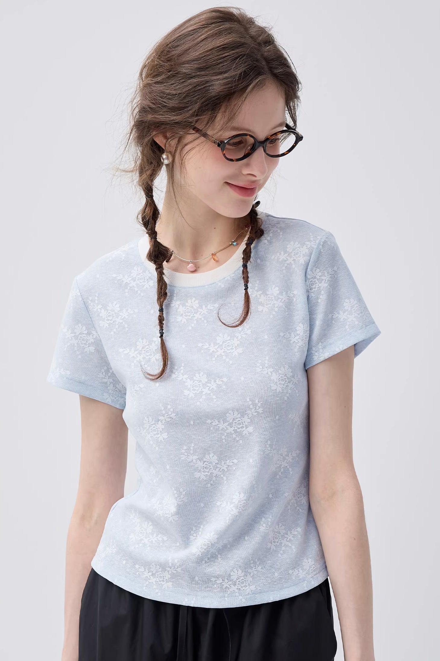 コントラストネックジャカードTシャツC3749