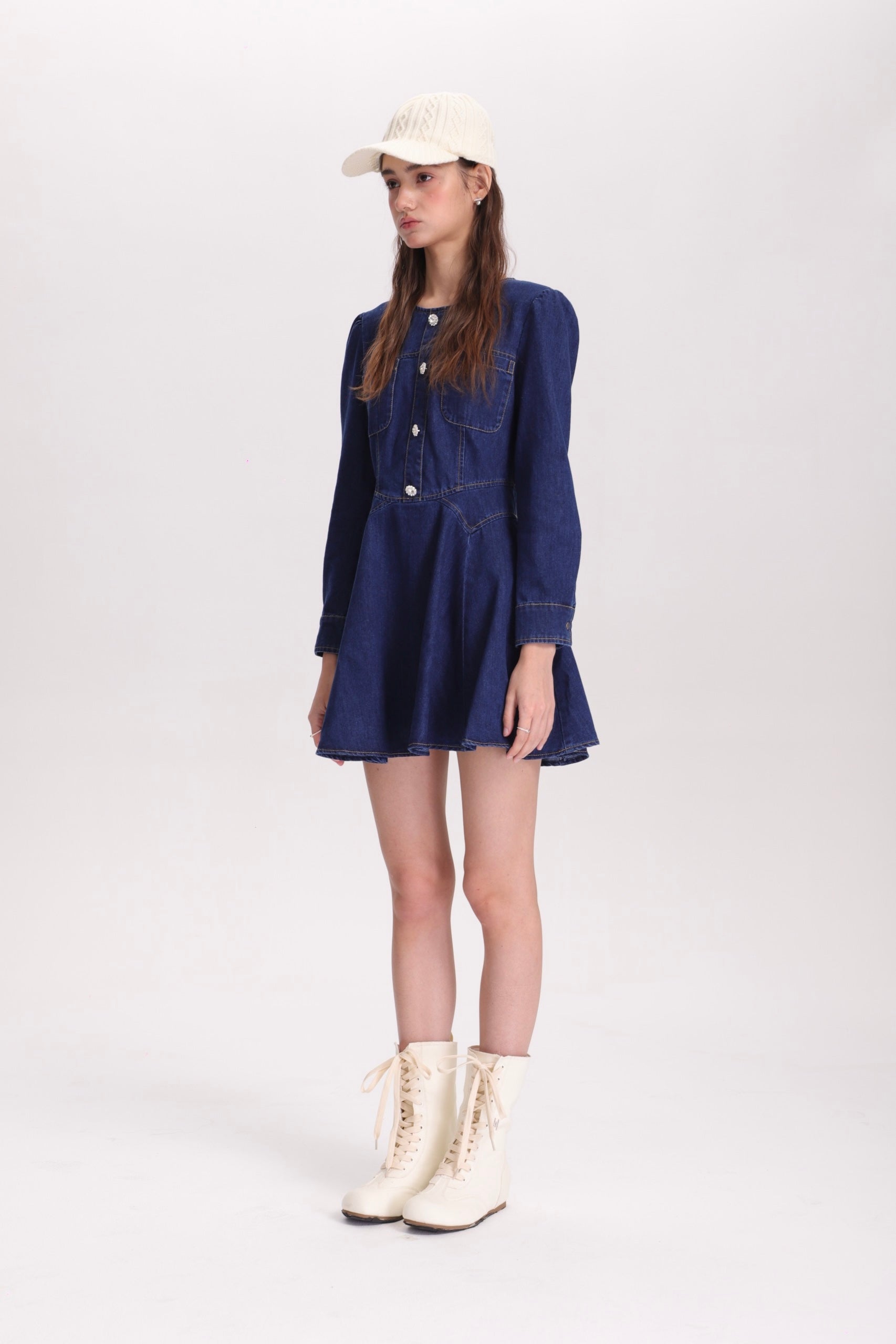 フィットアンドフレアデニムミニワンピース(長袖ver)C3363