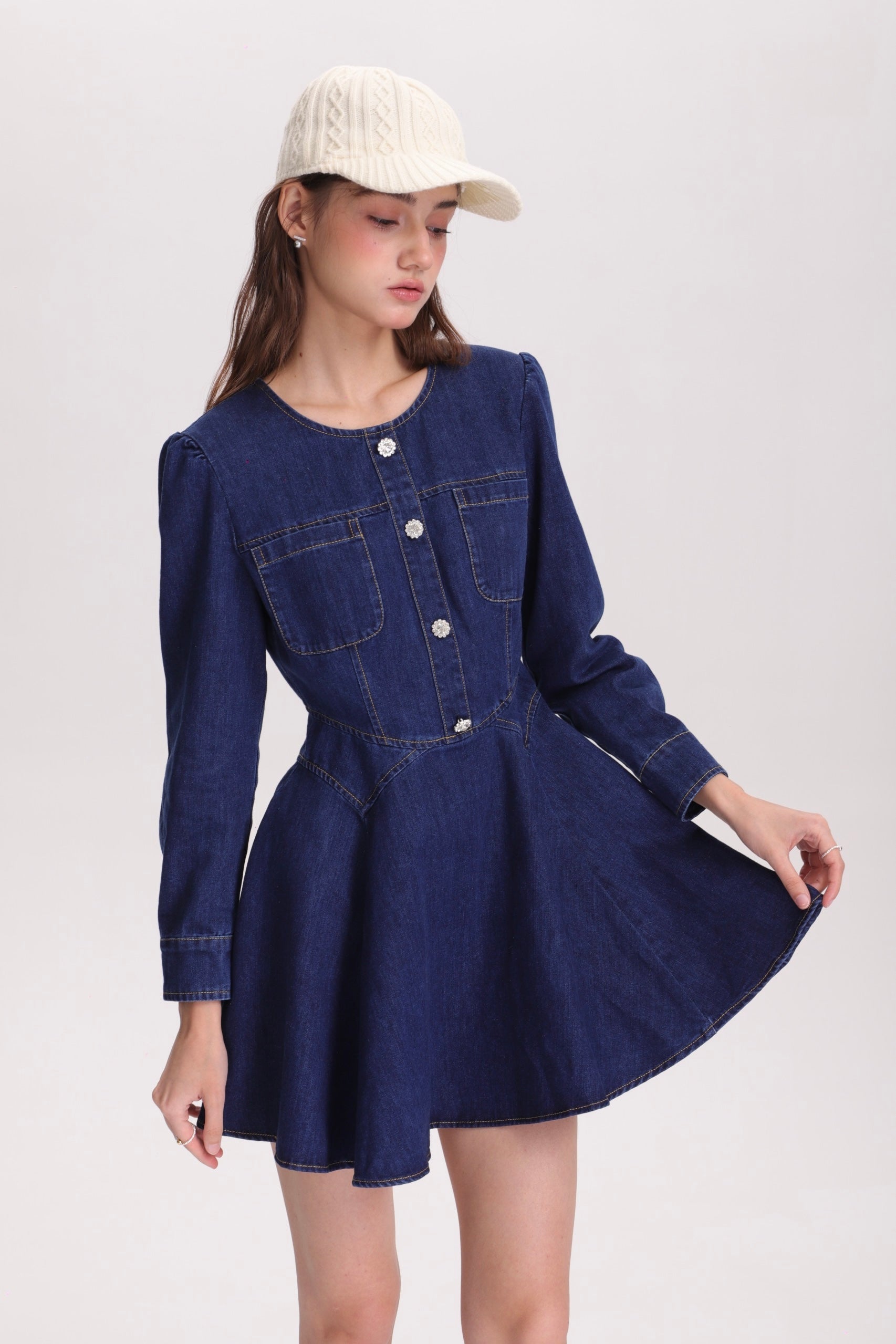 フィットアンドフレアデニムミニワンピース(長袖ver)C3363