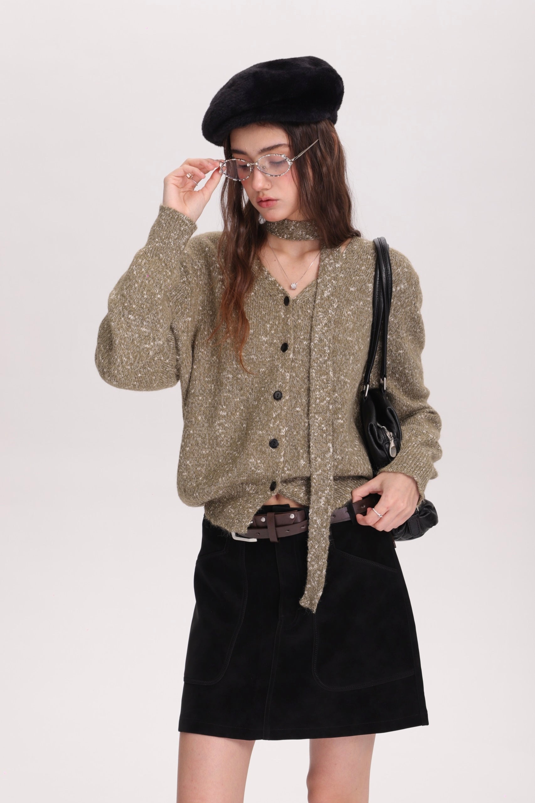 メランジVカーデ × グレーミニスカートセットT3002