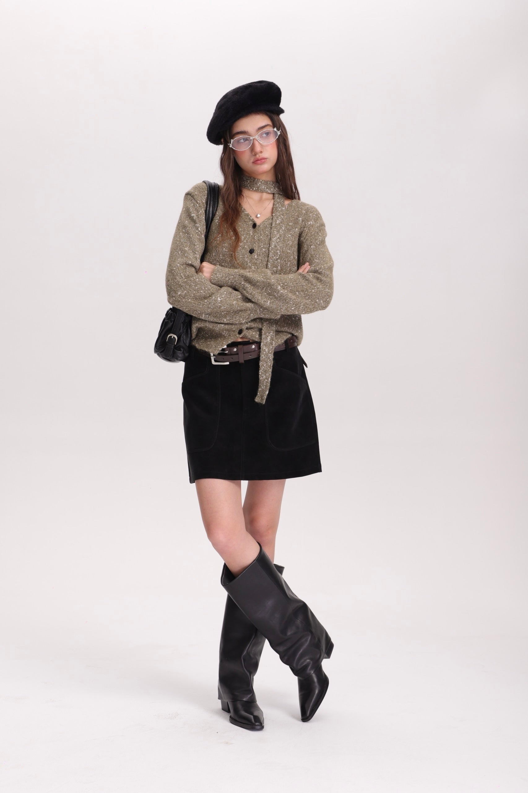 メランジVカーデ × グレーミニスカートセットT3002