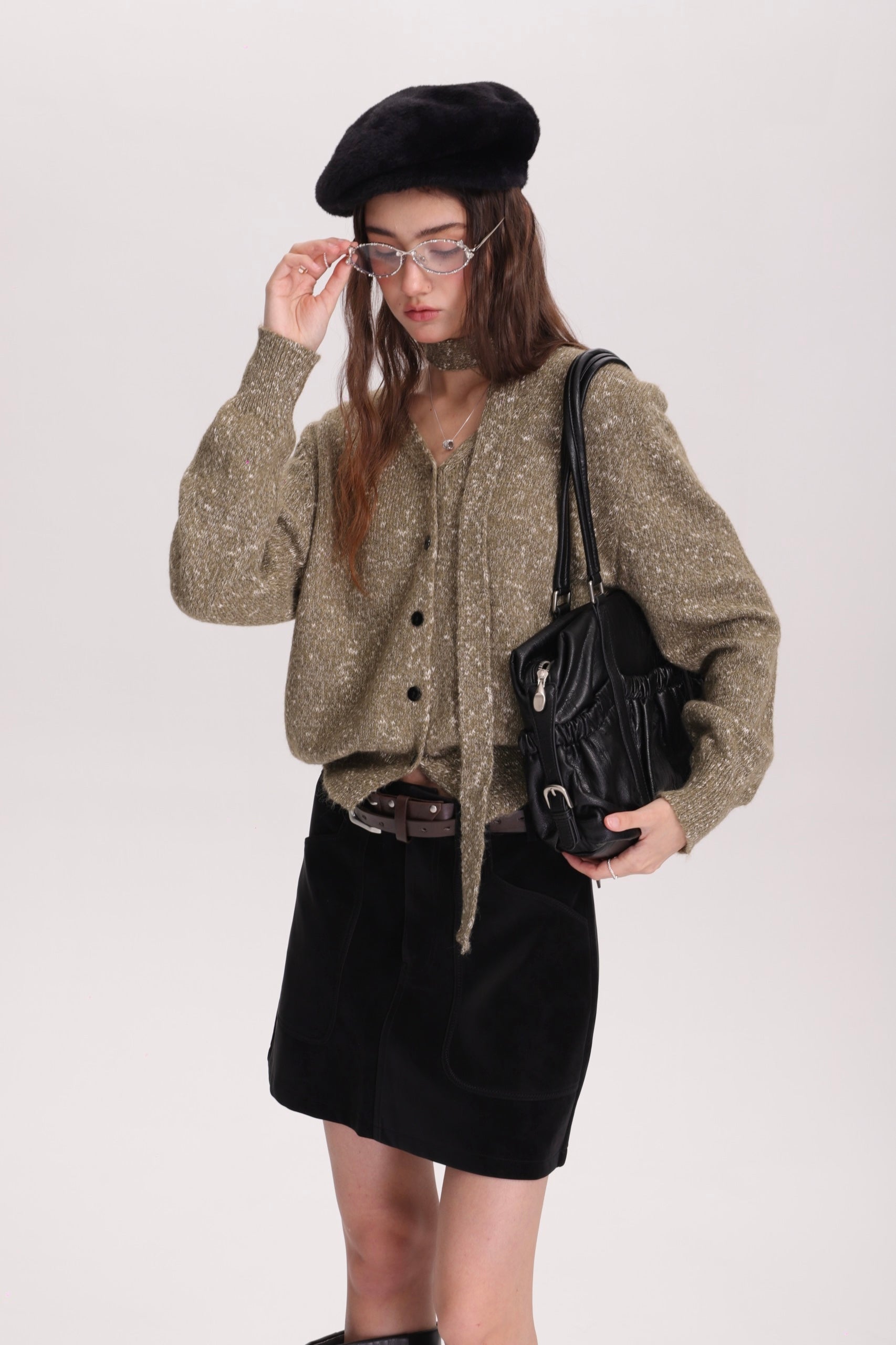 メランジVカーデ × グレーミニスカートセットT3002