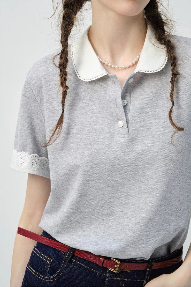 N°21 Tシャツ レース　襟付き　ビジュー レース襟付きニットポロTシャツ C2965