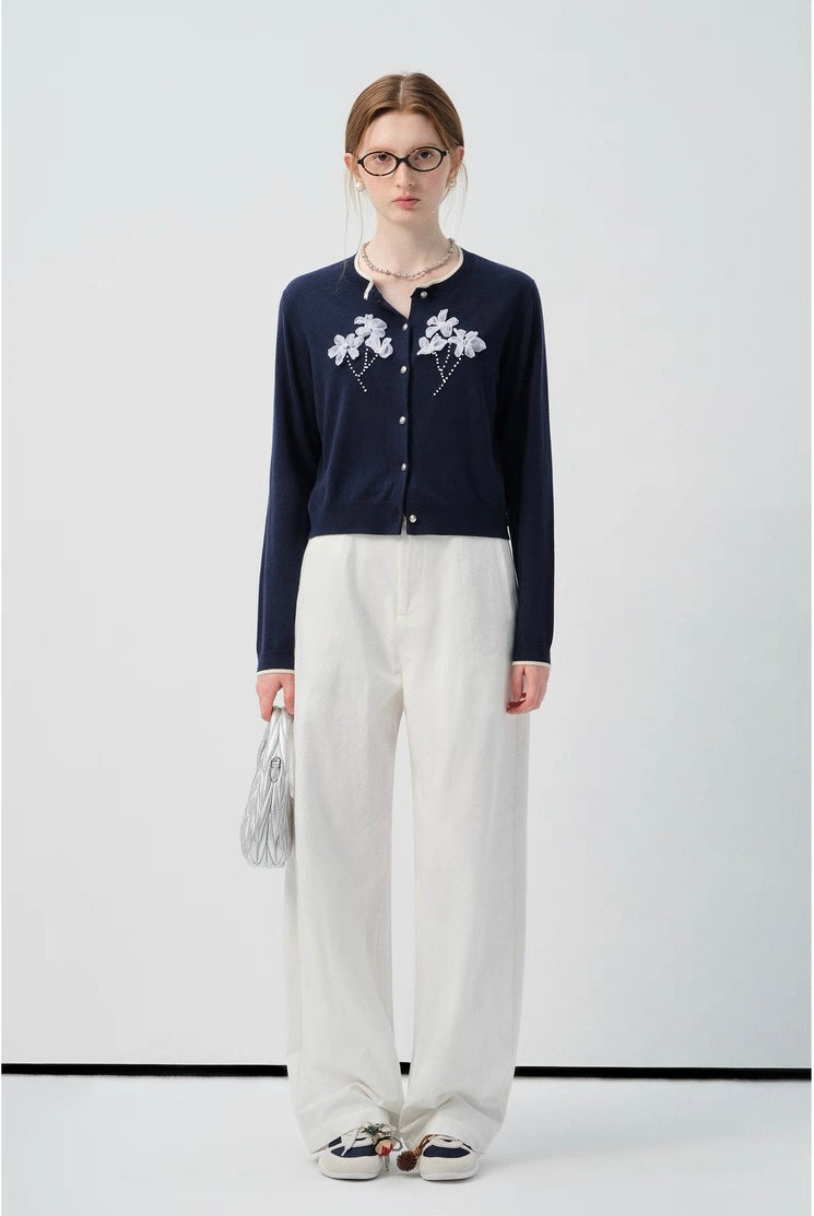 ビジュー付き花刺繍ニットカーディガンC3068