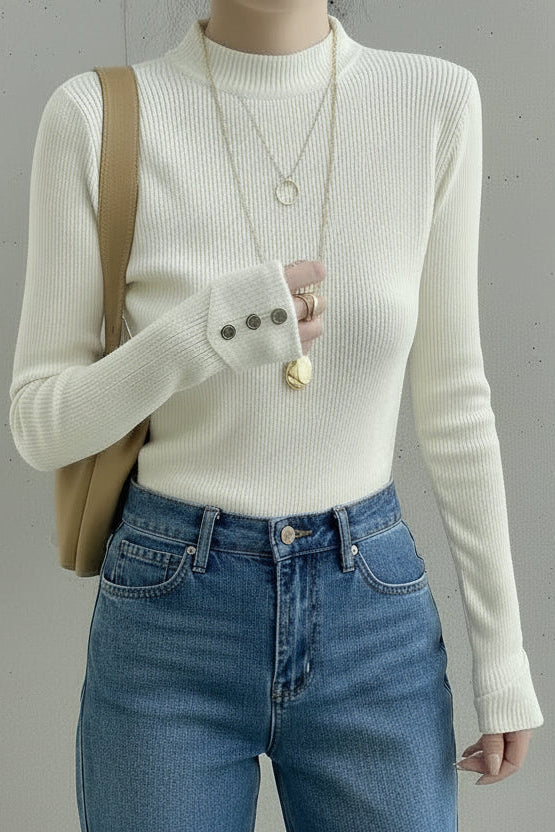 エッセンシャルリブモックネックトップス × セミフレアデニムパンツ セット T3004