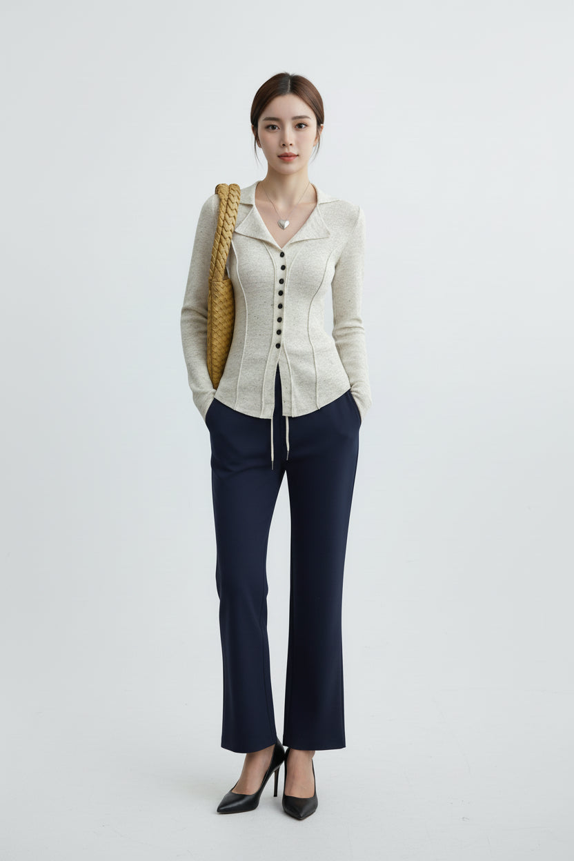 ソフトテーラードリブカーデ × リラックスフレアパンツセット T3005