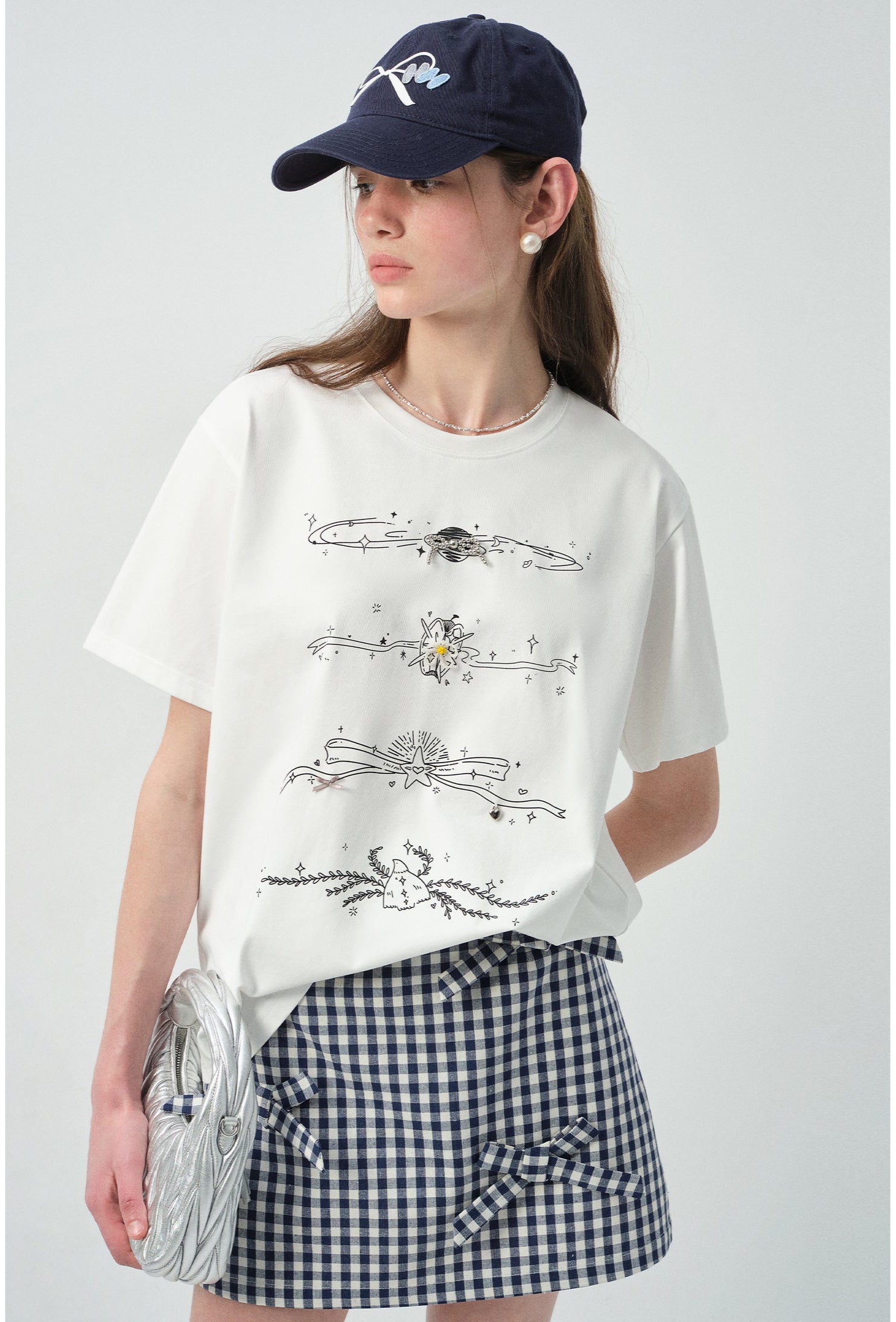 ビーズディーテールイラストプリントTシャツC2896
