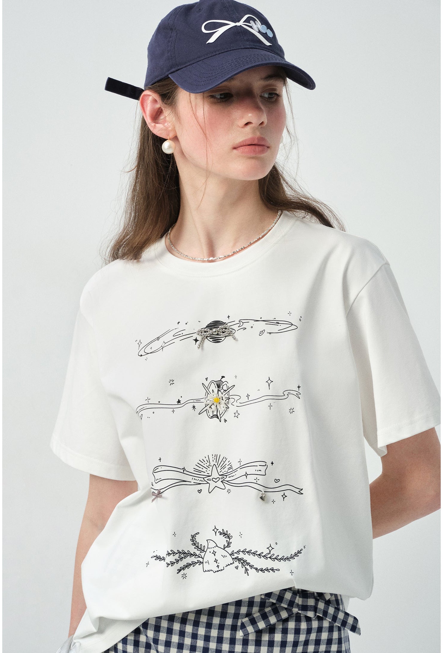 ビーズディーテールイラストプリントTシャツC2896