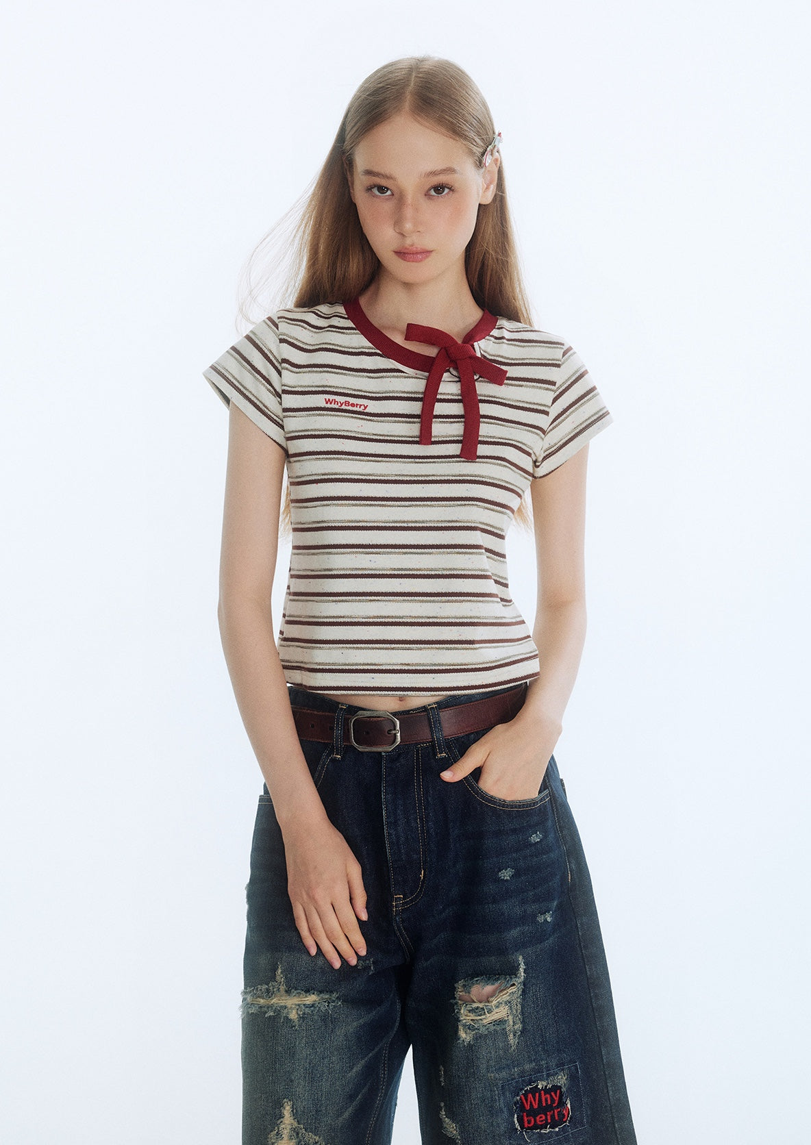 リボンネックボーダーTシャツT2964